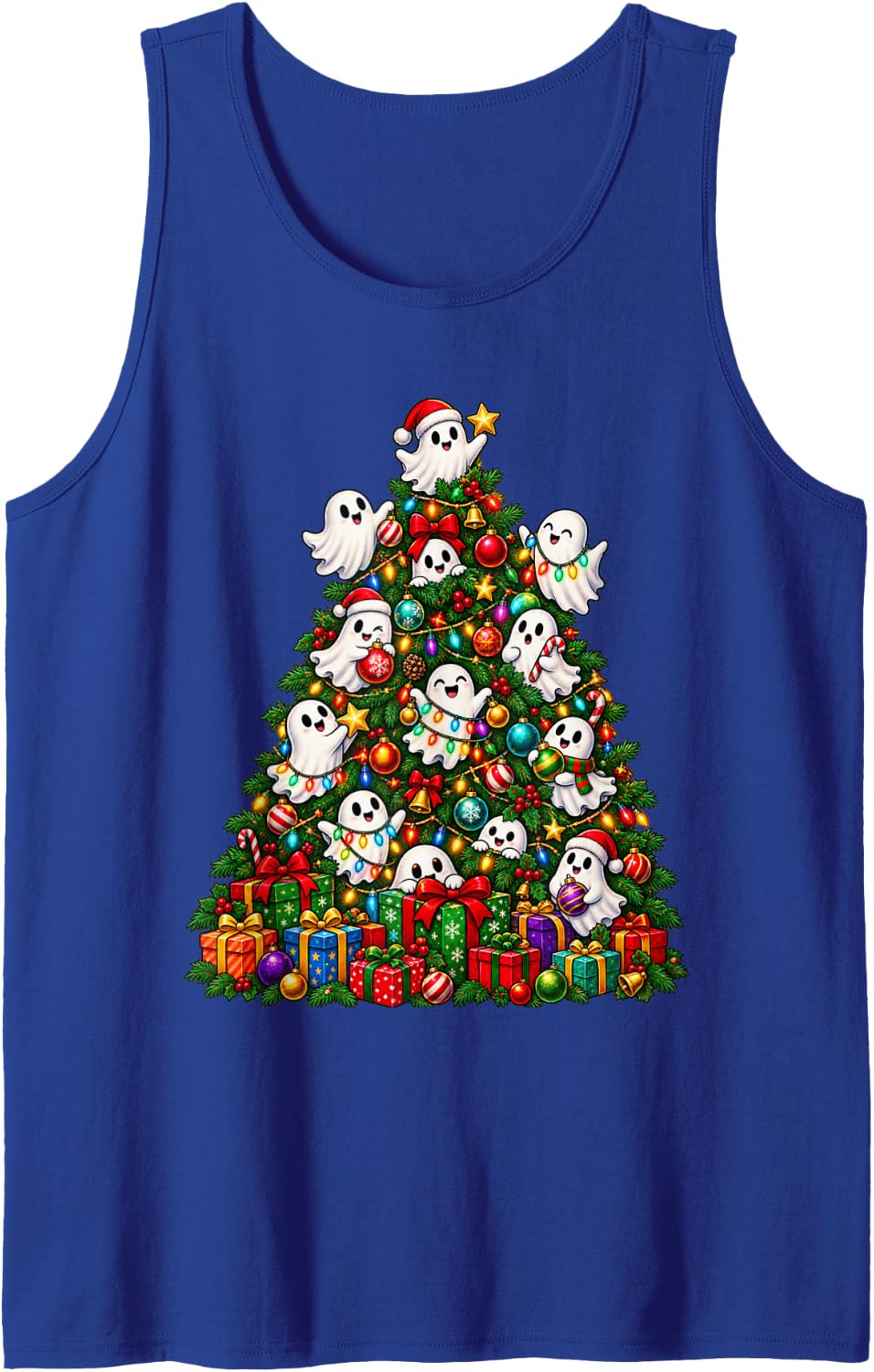 Cute Ghost Christmas Tree Spooky Funny Holiday Xmas Spirits Sleeveless Tank Top - Royal Blue