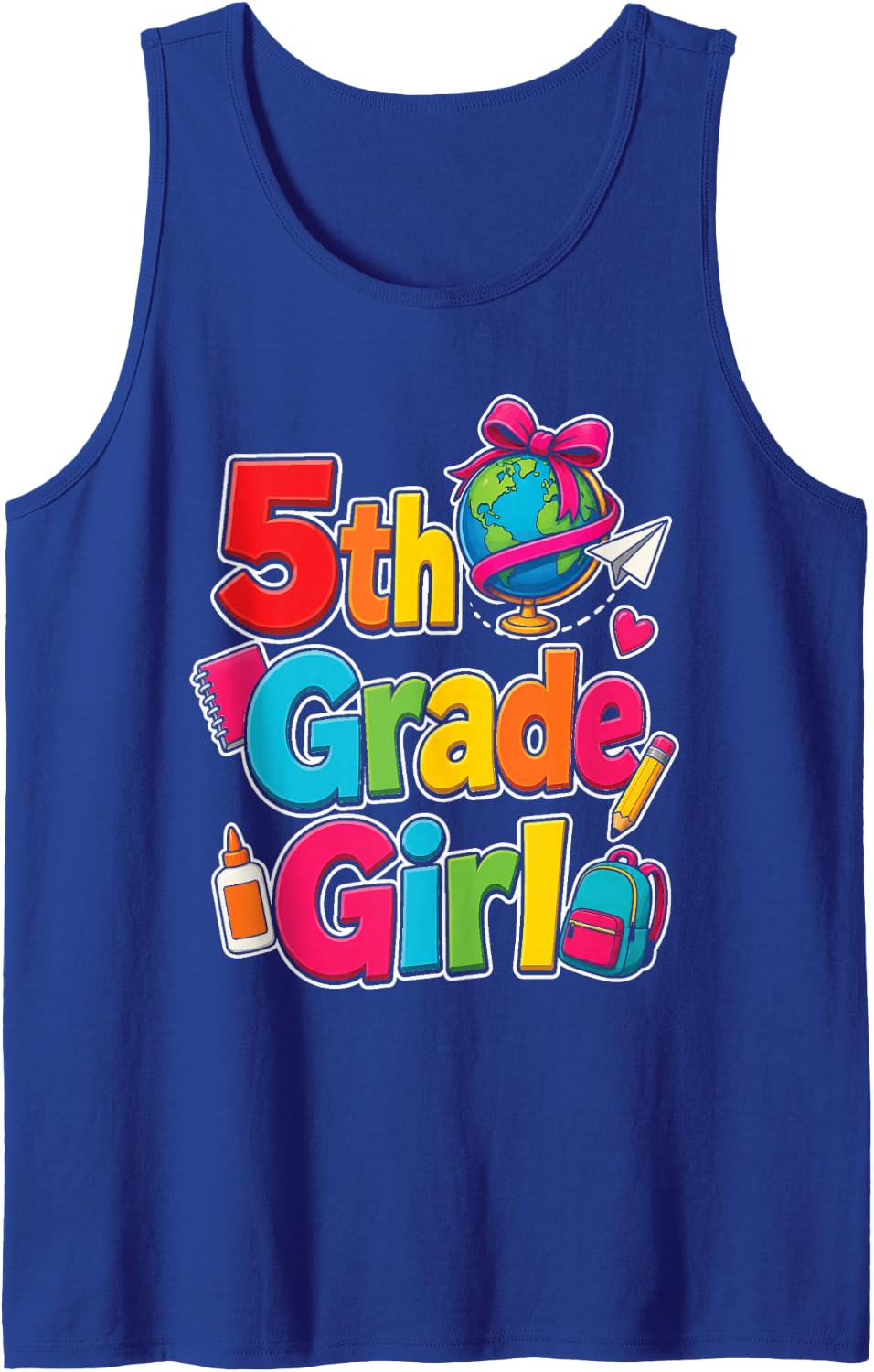5th Grade Girl First Day Globe Backpack Hearts Bows Sleeveless Tank Top - Royal Blue