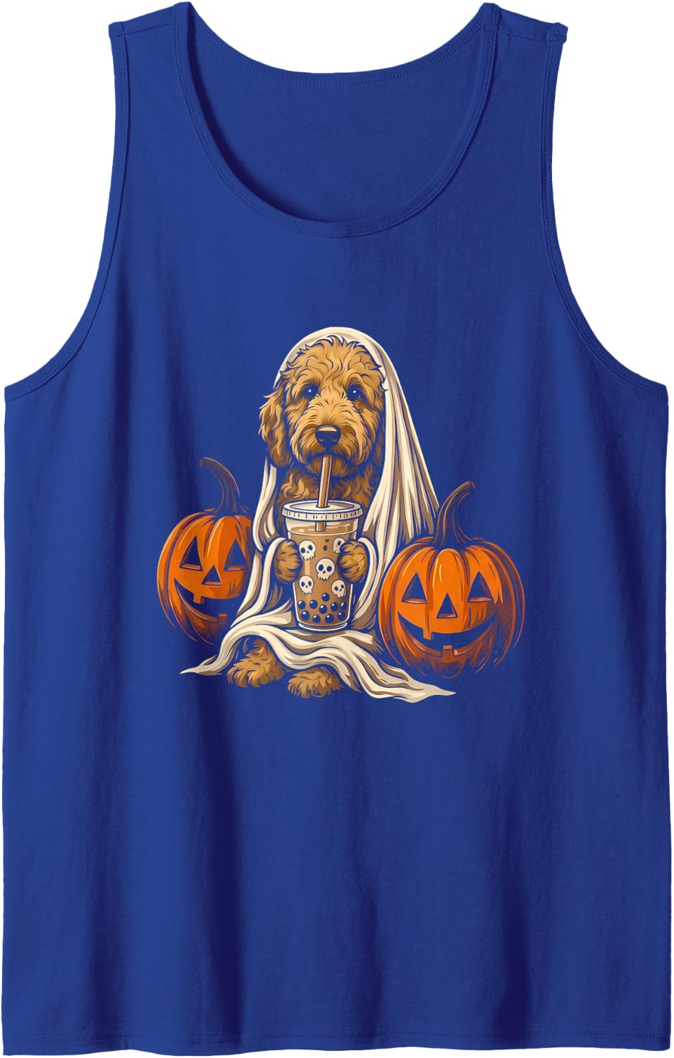 Goldendoodle Ghost Boba Pumpkin Halloween Dog Lover Sleeveless Tank Top - Royal Blue