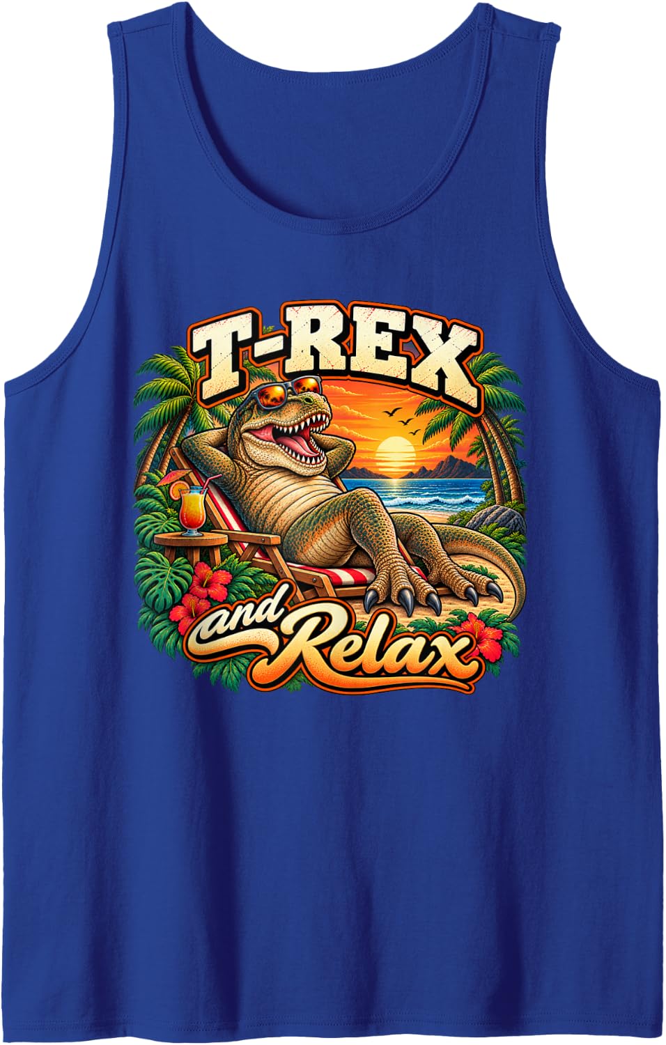 T-Rex and Relax Funny Dinosaur Beach Vacation Summer Sleeveless Tank Top - Royal Blue
