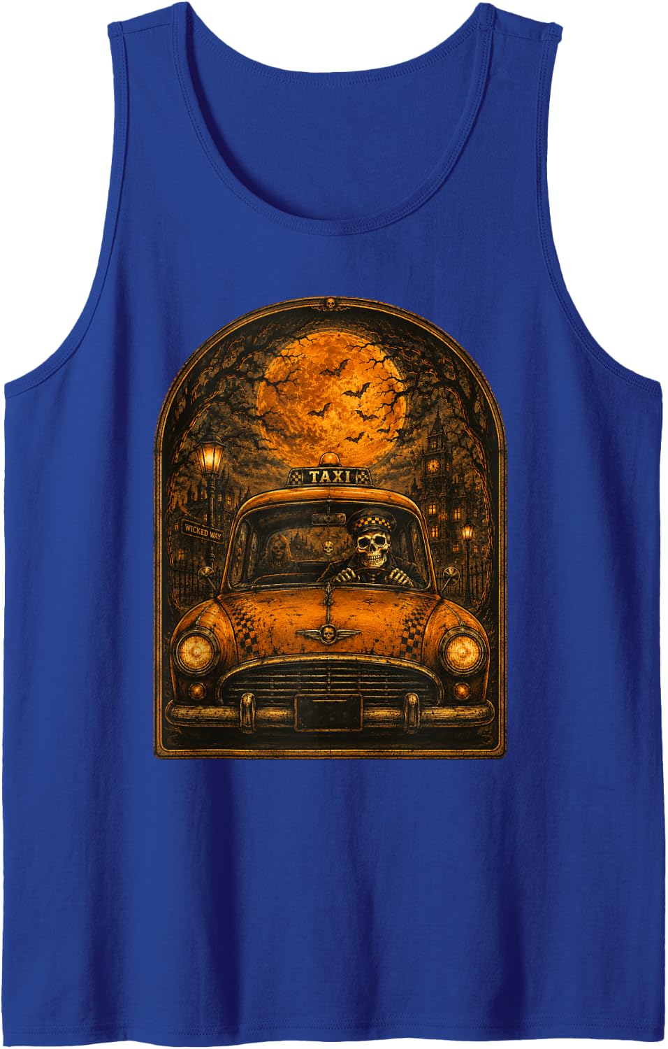Halloween Vibes Spooky Season Taxi Driver Skeleton Ghost Sleeveless Tank Top - Royal Blue