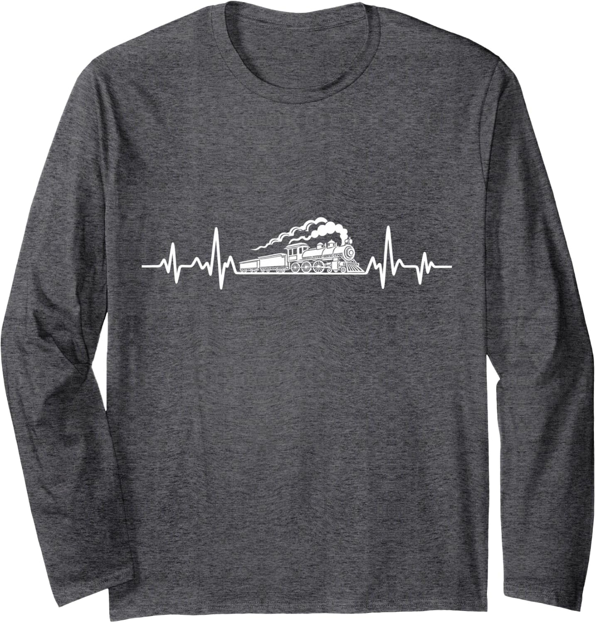Train, Heartbeat, Steam Locomotive Railroad Lover Long Sleeve T-Shirt - Adult Unisex Dark Heather Grey