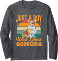 Just A Boy Who Loves Corgis Pembroke Welsh Paws Retro Sunset Long Sleeve T-Shirt - Adult Unisex Dark Heather Grey