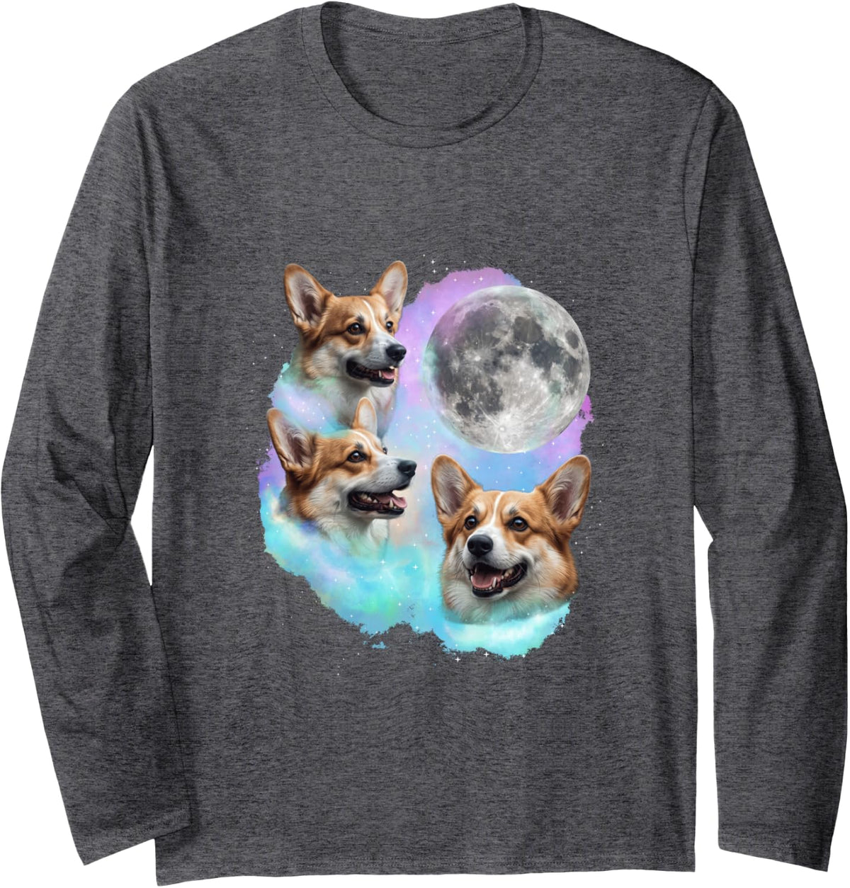 3 Corgis Howling At Moon - Welsh Corgi Dog Lover Corgi Dad Long Sleeve T-Shirt - Adult Unisex Dark Heather Grey