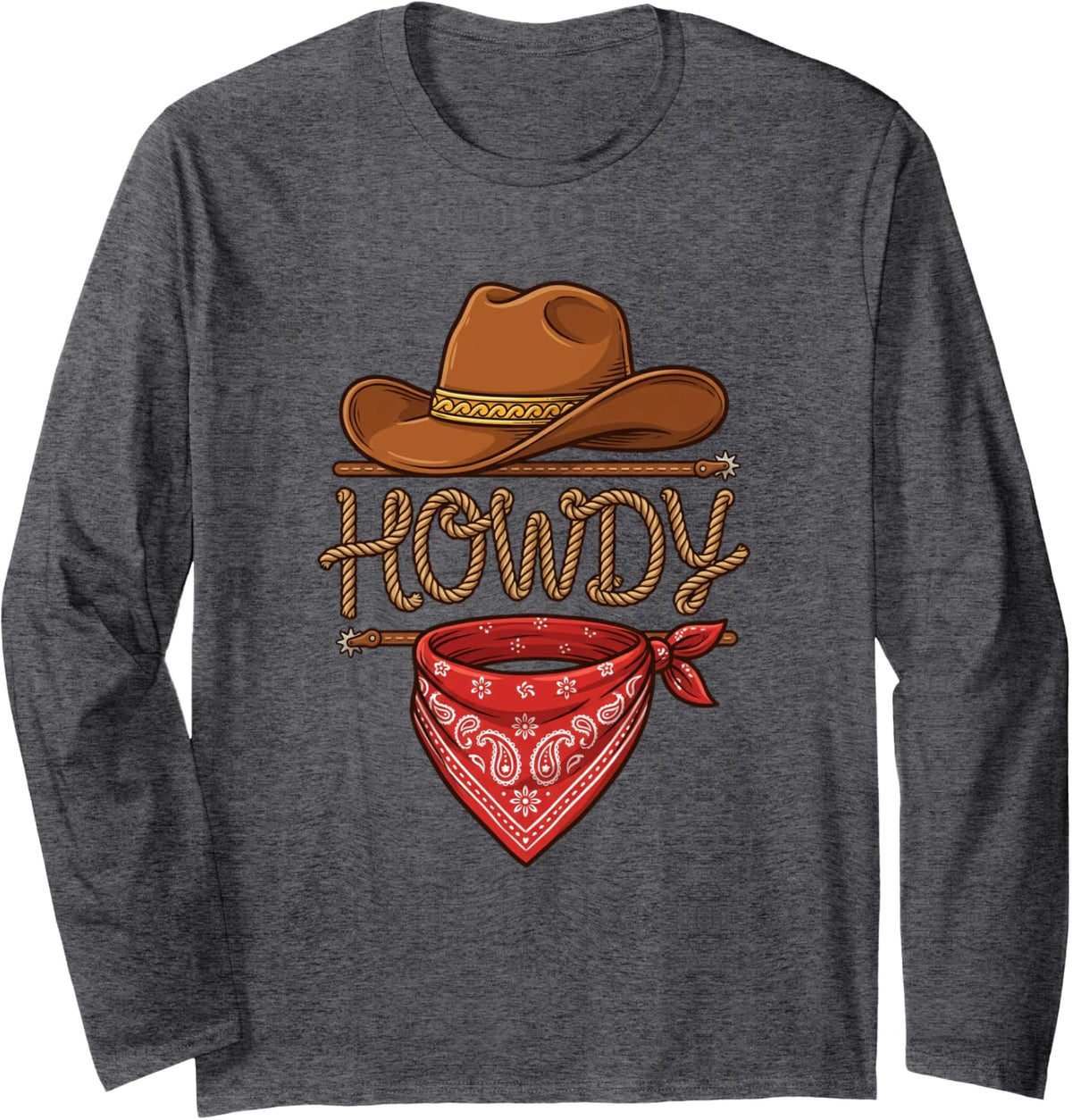 Howdy Western Cowboy Hat Red Bandana Rodeo Country Long Sleeve T-Shirt - Adult Unisex Dark Heather Grey