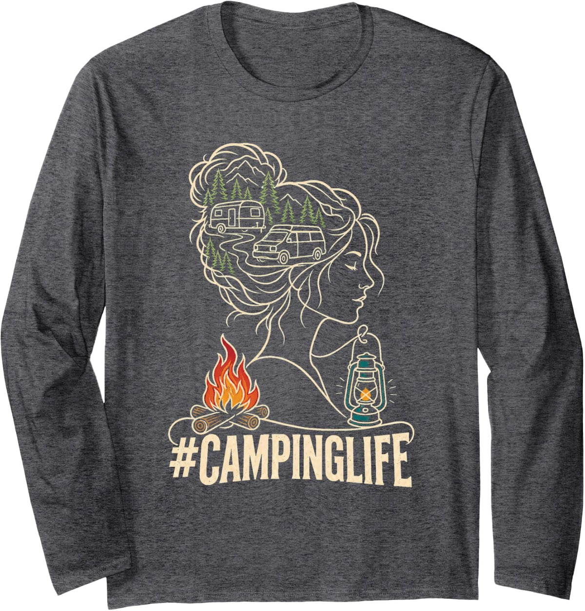 Camping Life Camper Van Trailer Mountain Lover Gift Women Long Sleeve T-Shirt - Adult Unisex Dark Heather Grey