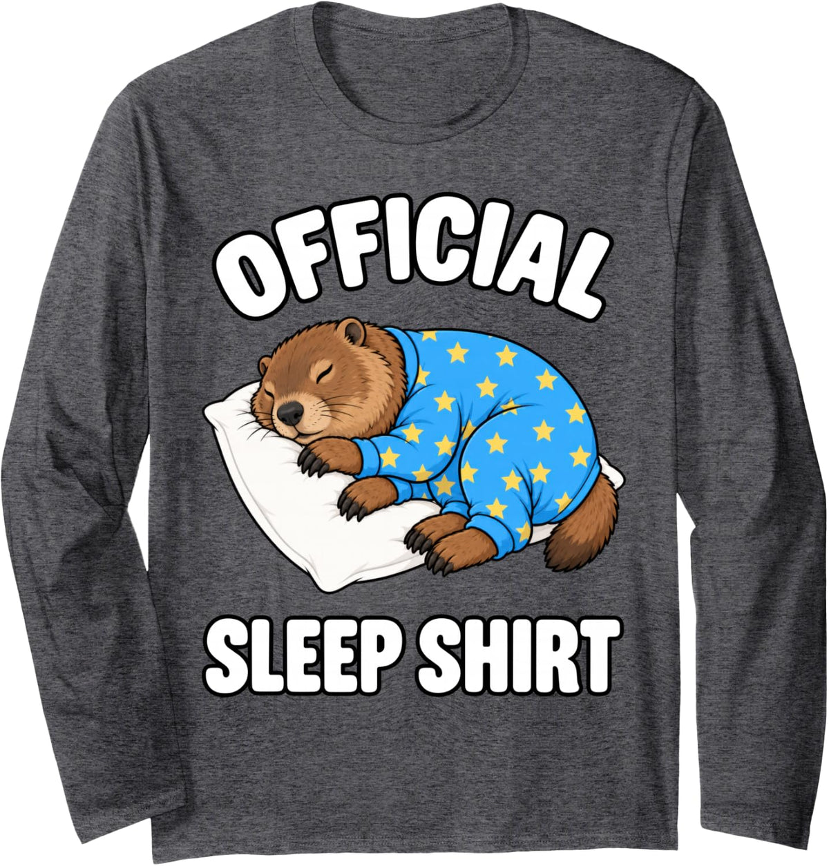 Groundhog Sleeping in Pajamas Official Sleepshirt Cute Long Sleeve T-Shirt - Adult Unisex Dark Heather Grey
