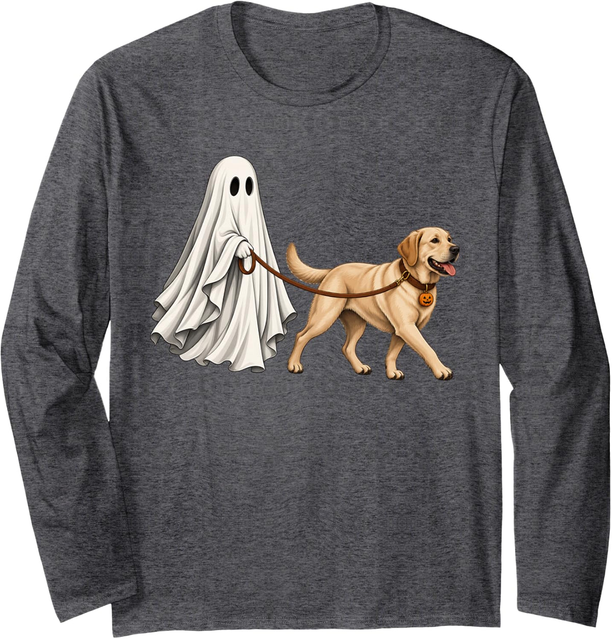 Ghost Walking Lab Halloween Funny Dog Lover Long Sleeve T-Shirt - Adult Unisex Dark Heather Grey