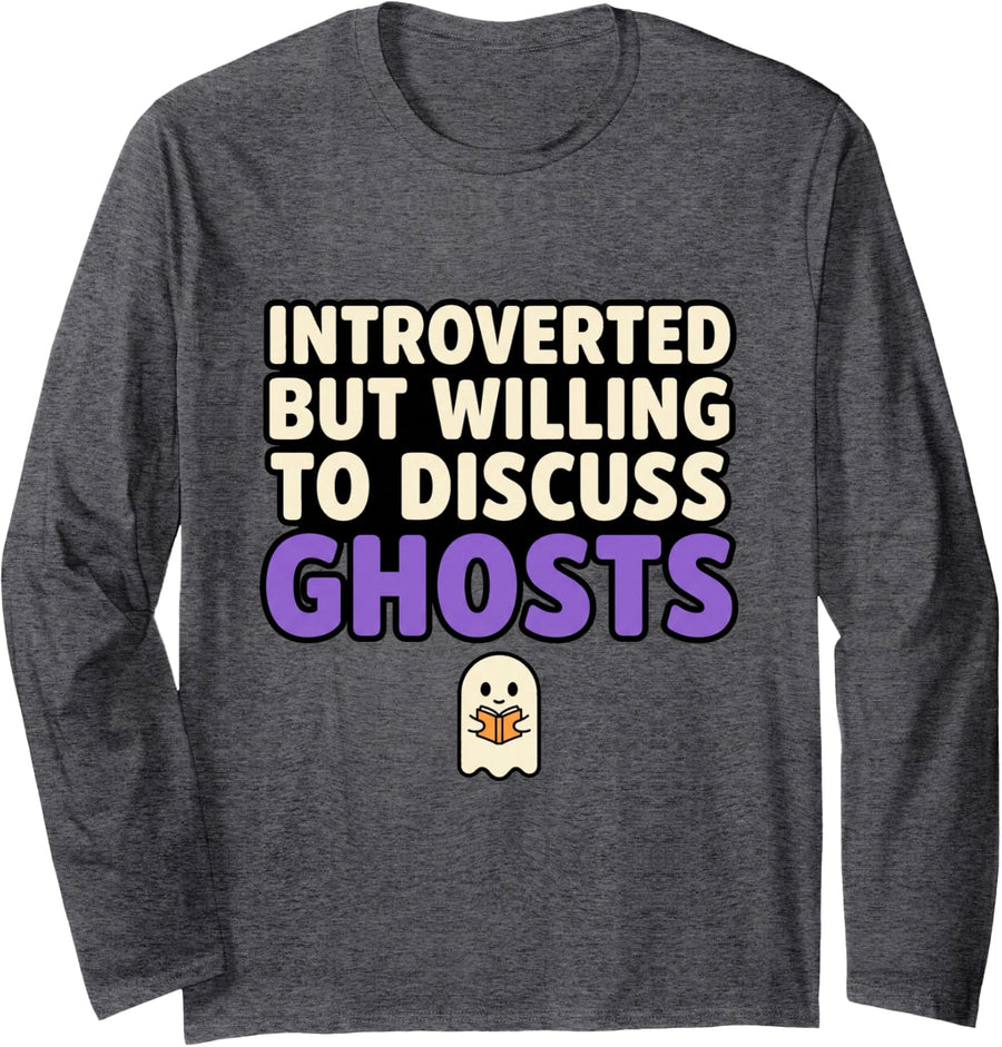 Ghost Lover Reading Book Bookworm Halloween Humor Design Long Sleeve T-Shirt - Adult Unisex Dark Heather Grey