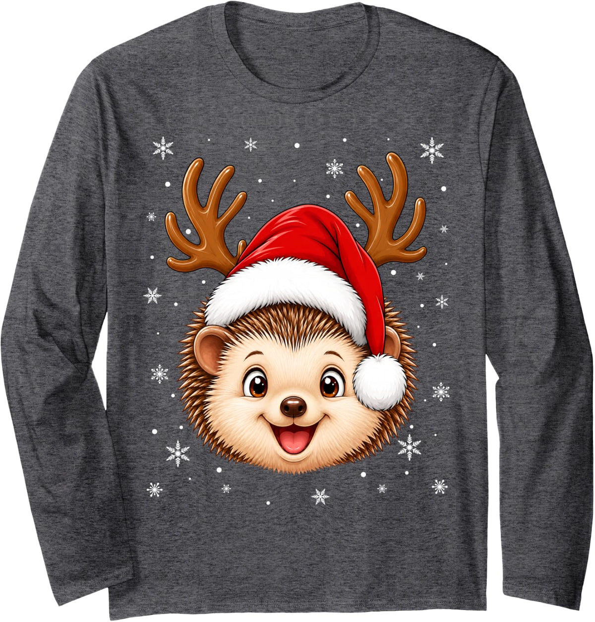 Cute Animal Reindeer Horn Santa Hedgehog Christmas Long Sleeve T-Shirt - Adult Unisex Dark Heather Grey