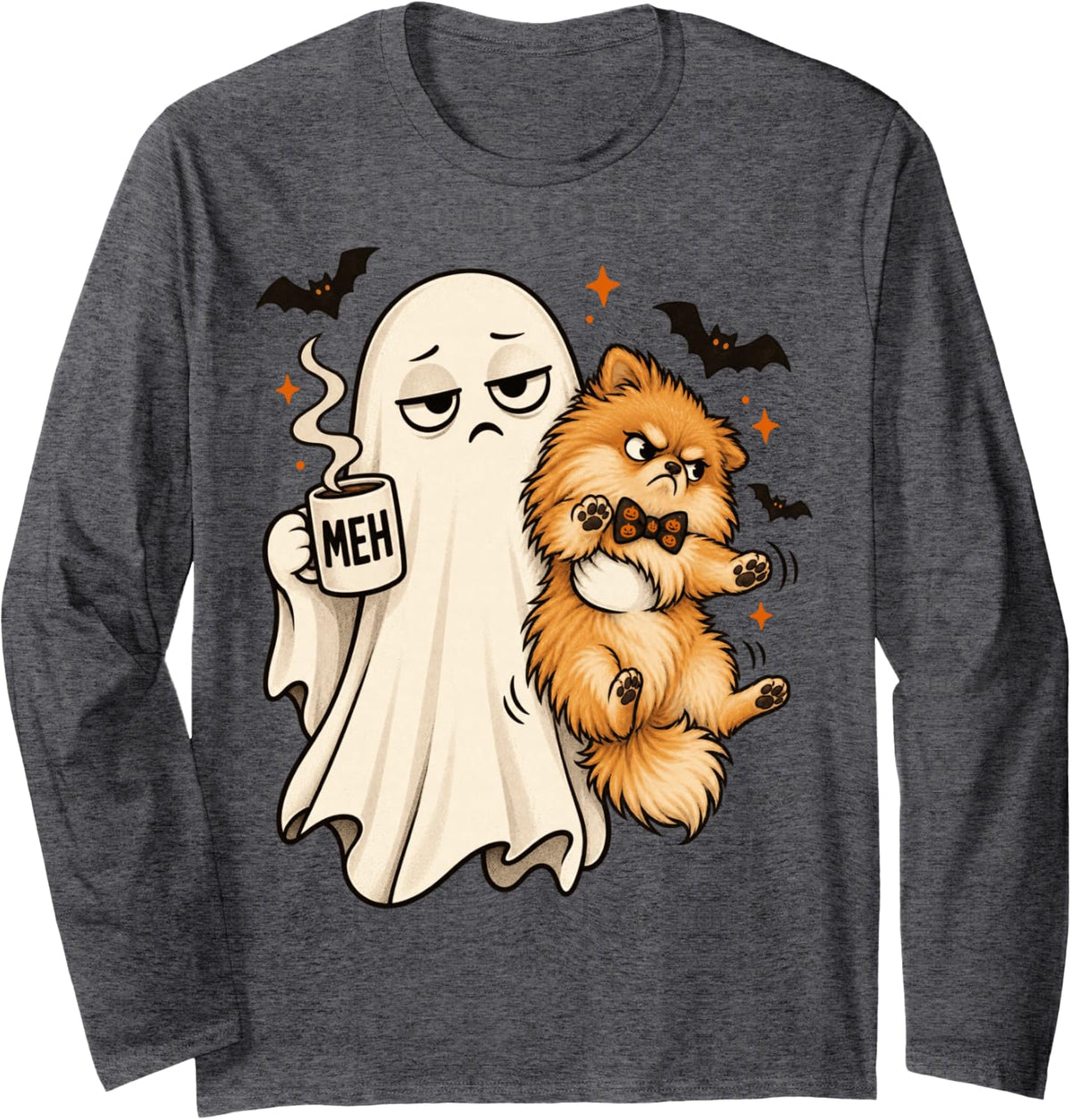 Grumpy Ghost & Pomeranian Holding Coffee Spooky Dog Long Sleeve T-Shirt - Adult Unisex Dark Heather Grey