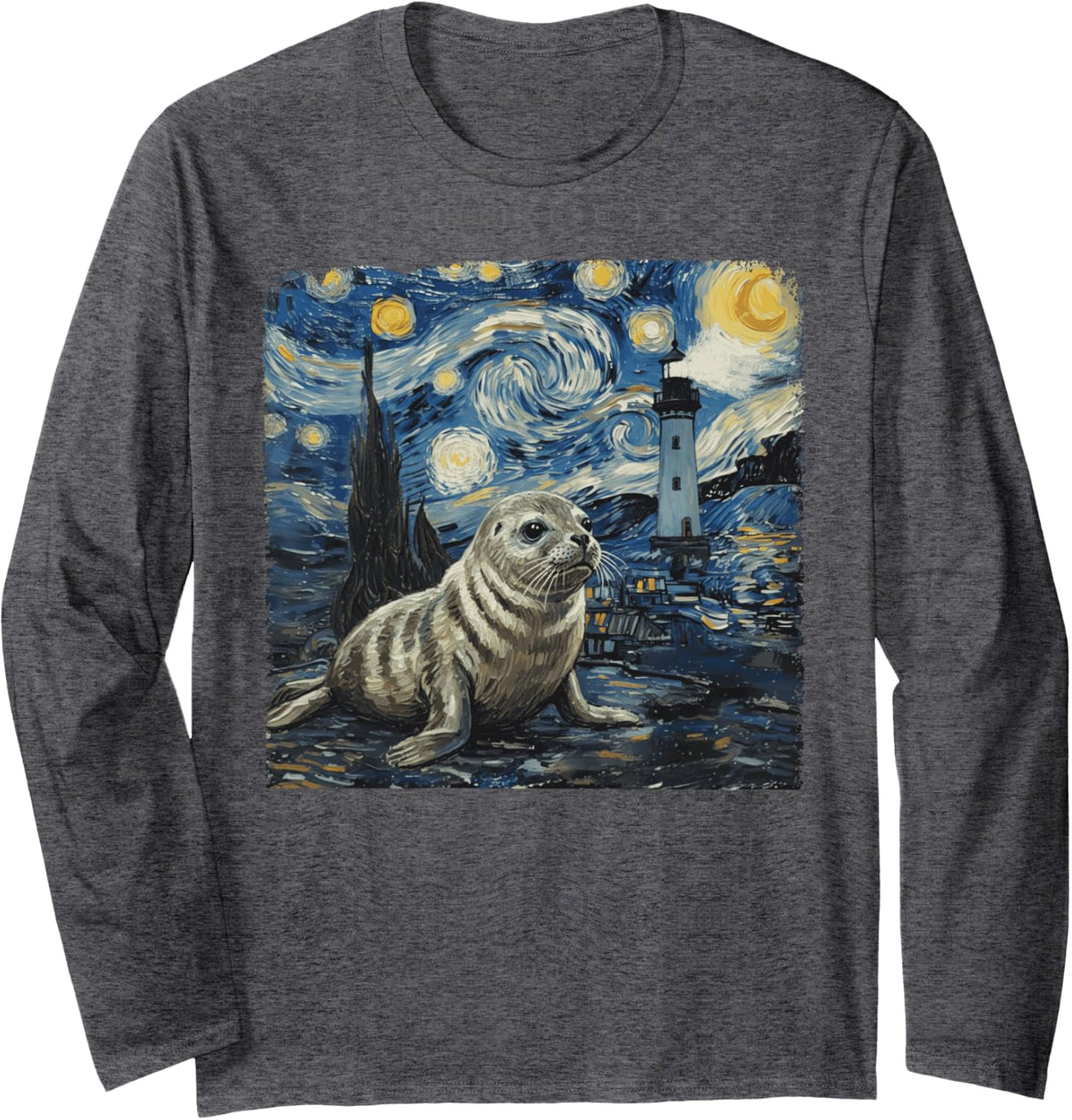 Starry Night Van Gogh Seal with Lighthouse Coast Long Sleeve T-Shirt - Adult Unisex Dark Heather Grey