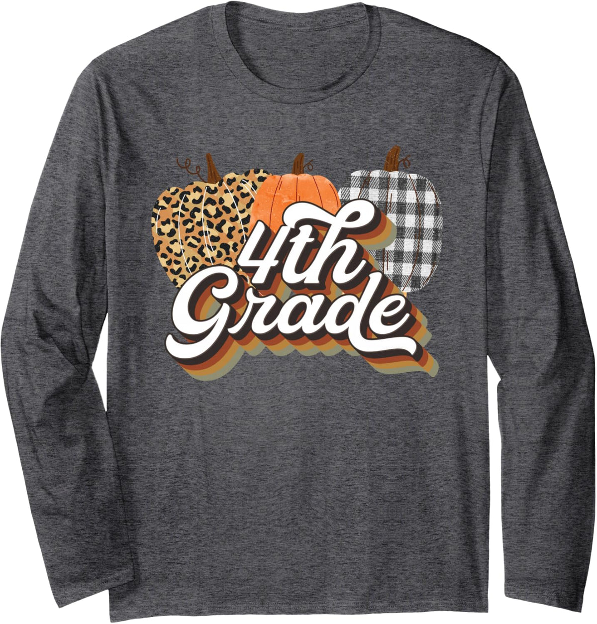 Fall Teacher Shirt 4th Grade Teacher Retro Halloween Pumpkin Long Sleeve T-Shirt - Adult Unisex Dark Heather Grey