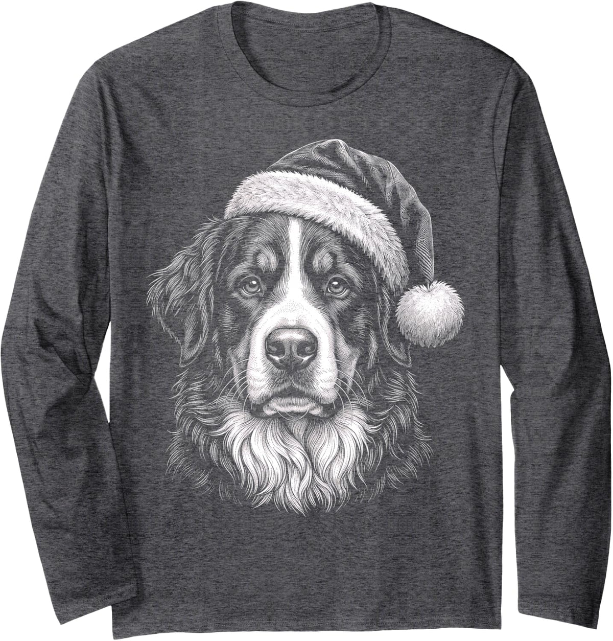 Bernese Mountain Dog Christmas Santa Hat Long Sleeve T-Shirt - Adult Unisex Dark Heather Grey