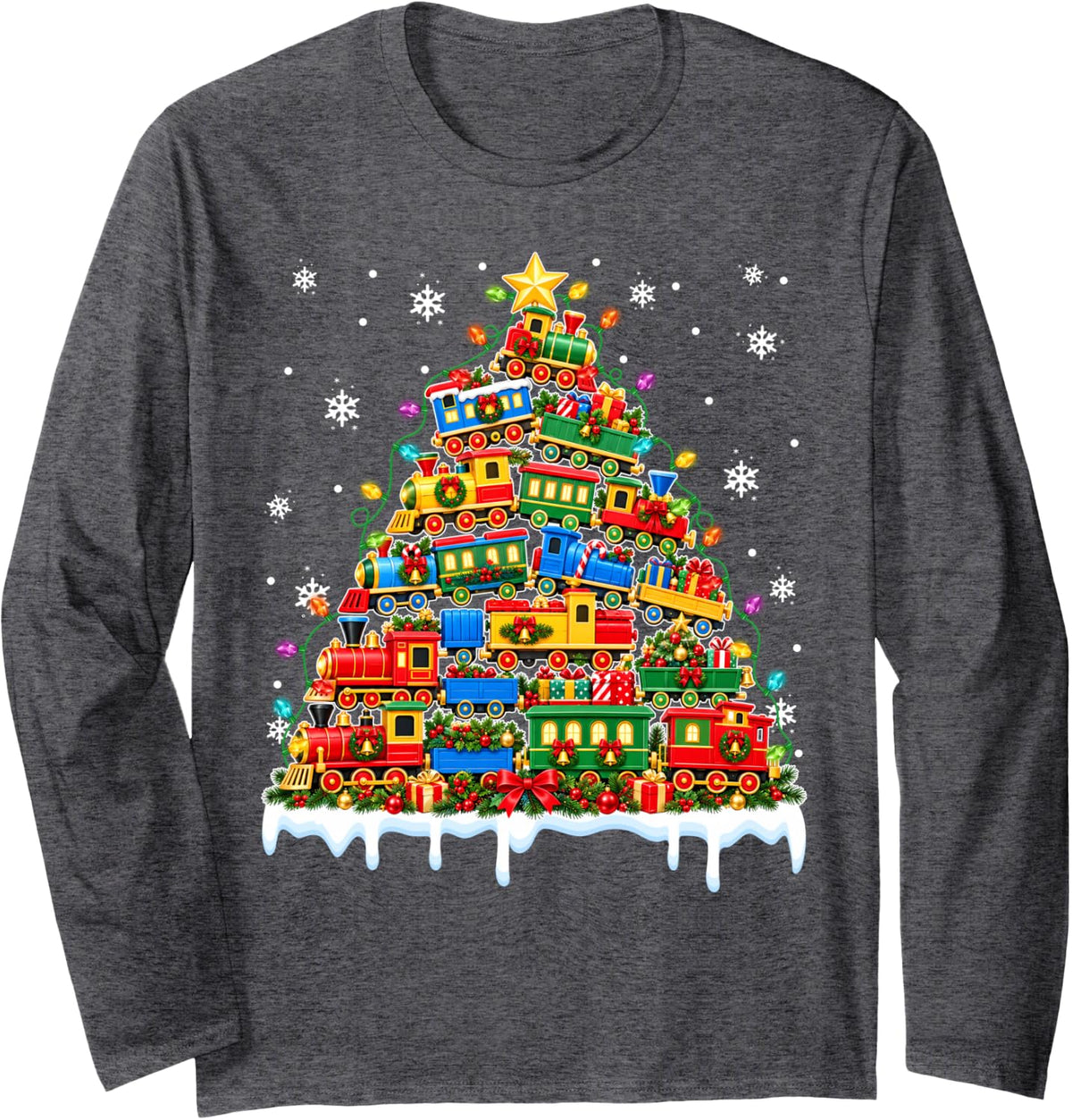 Merry Christmas Funny Trains Xmas Tree Lights Women Men Kids Long Sleeve T-Shirt - Adult Unisex Dark Heather Grey