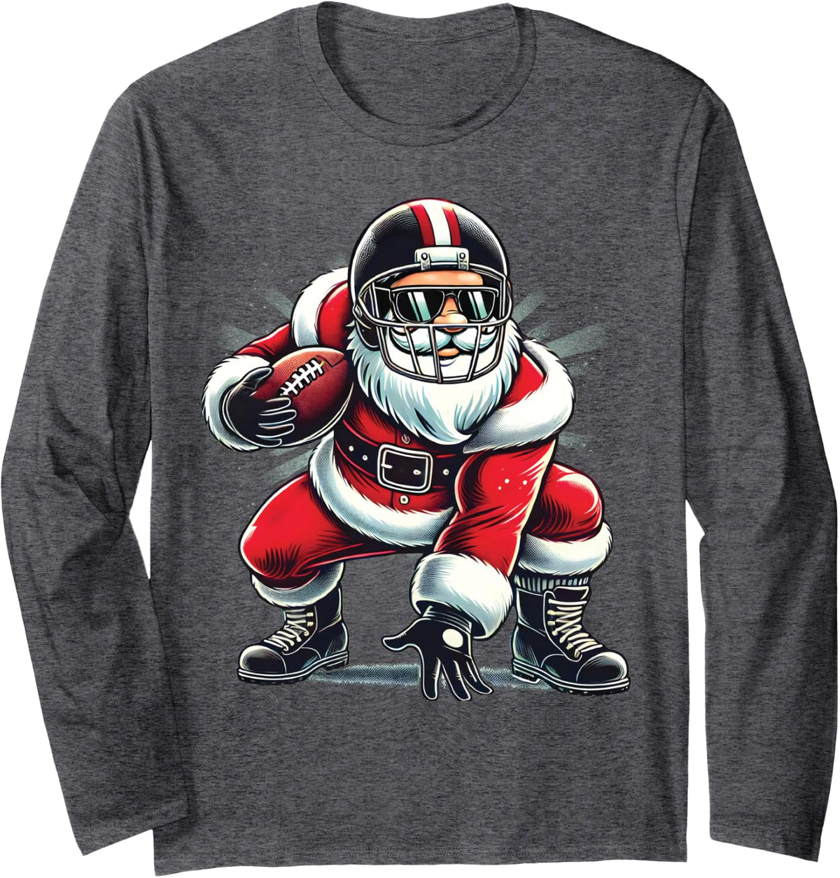 Santa Playing Football Lineman Quarterback Christmas Long Sleeve T-Shirt - Adult Unisex Dark Heather Grey