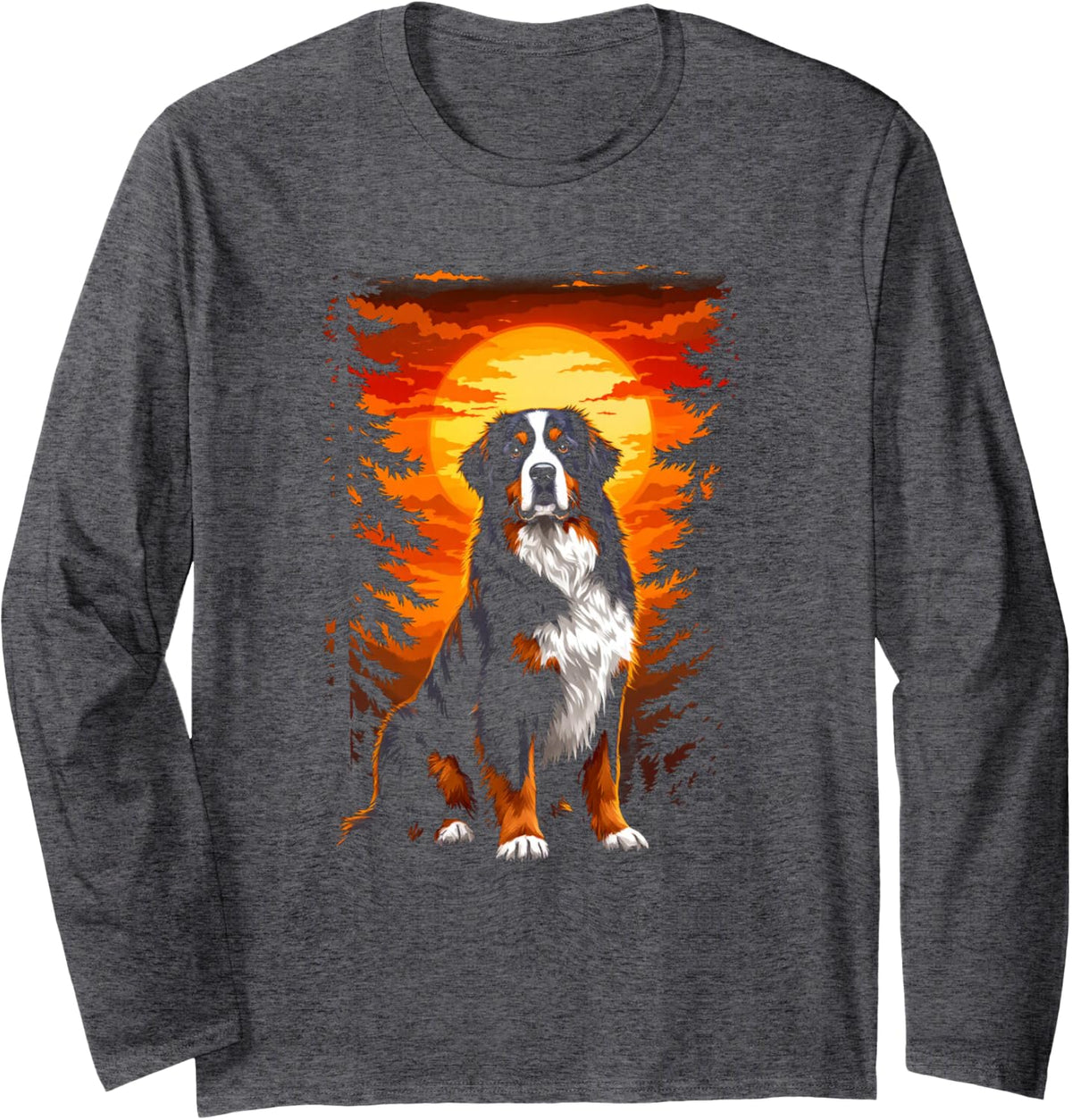 Bernese Mountain Dog at Sunset Forest Long Sleeve T-Shirt - Adult Unisex Dark Heather Grey