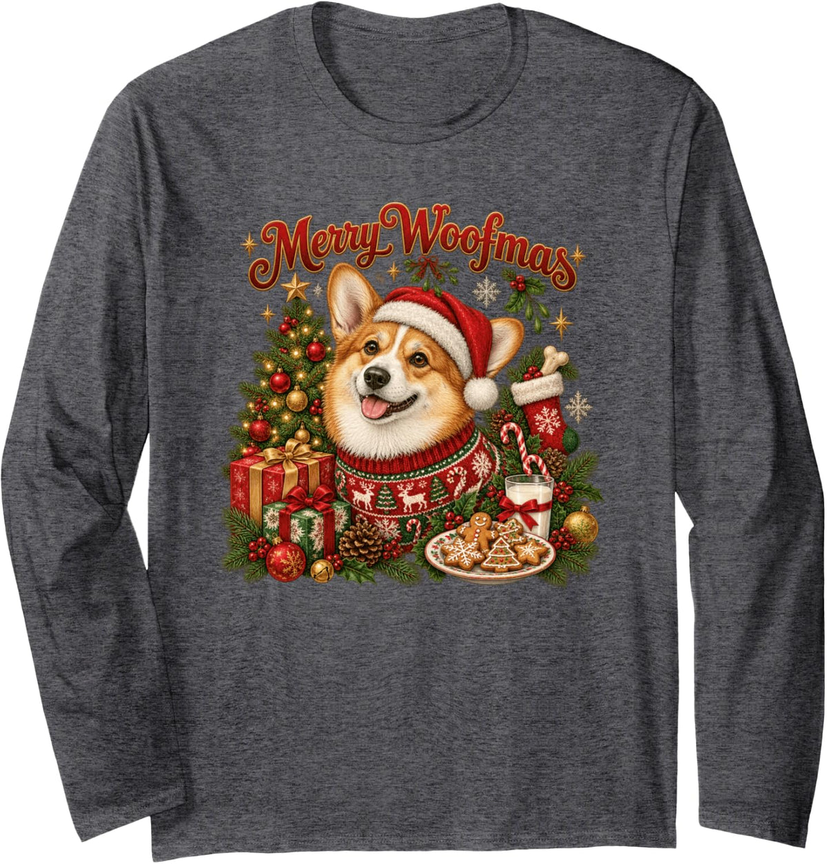 Merry Woofmas Pembroke Welsh Corgi Christmas Long Sleeve T-Shirt - Adult Unisex Dark Heather Grey
