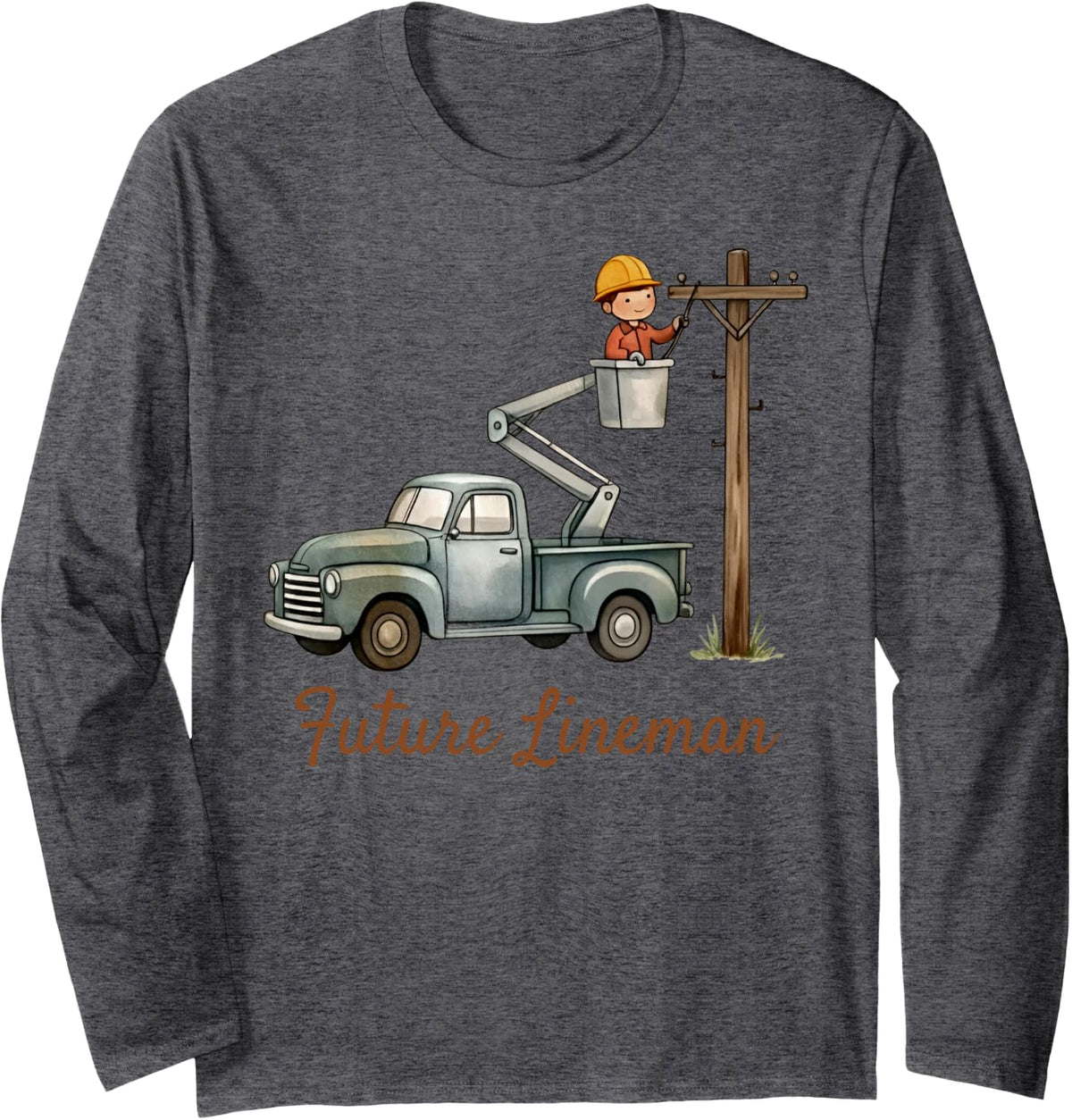 Future Lineman Bucket Truck Kid Long Sleeve T-Shirt - Adult Unisex Dark Heather Grey