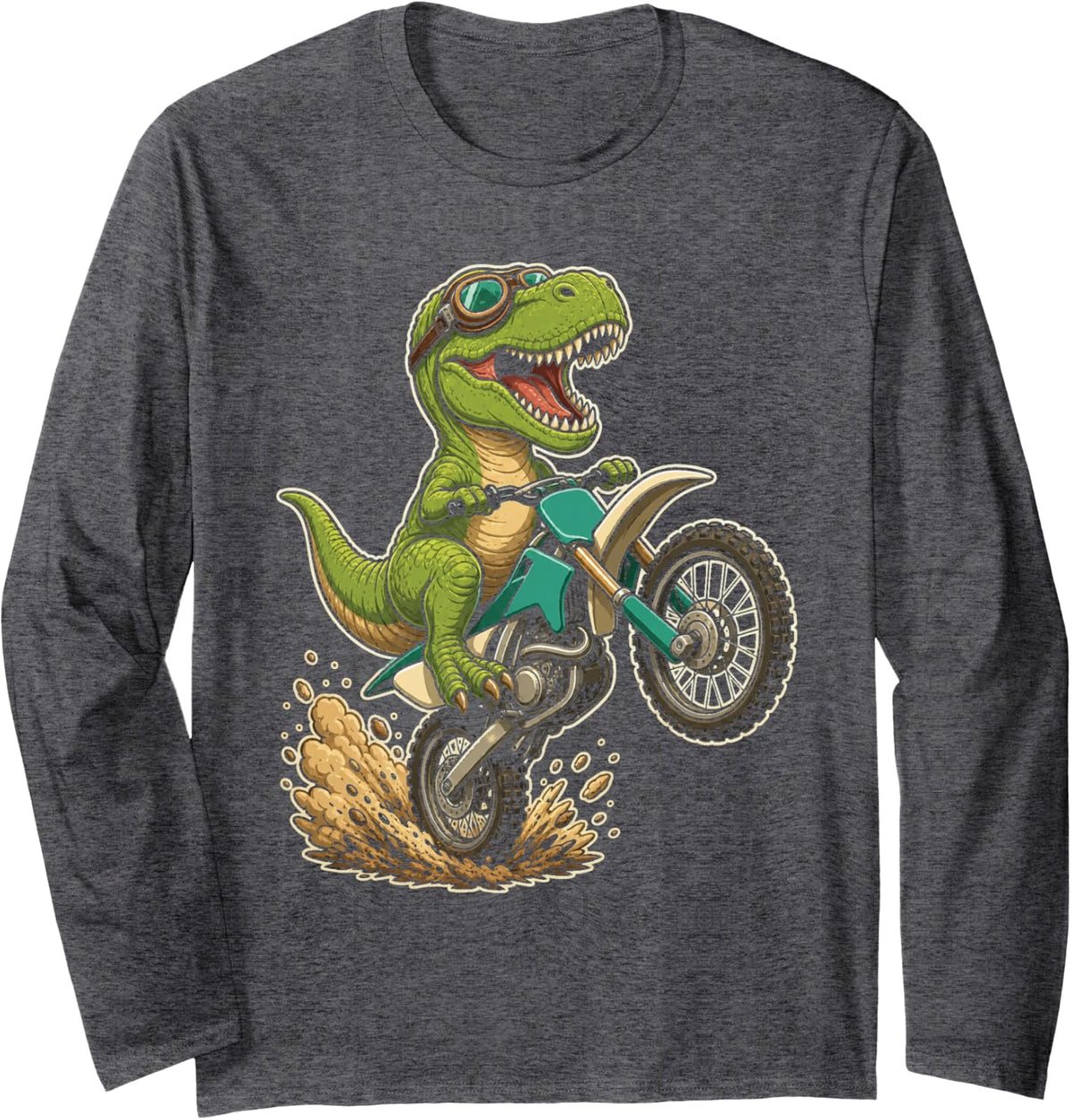 Dirt Bike Dinosaur Motocross T Rex Wheelie Graphic Long Sleeve T-Shirt - Adult Unisex Dark Heather Grey