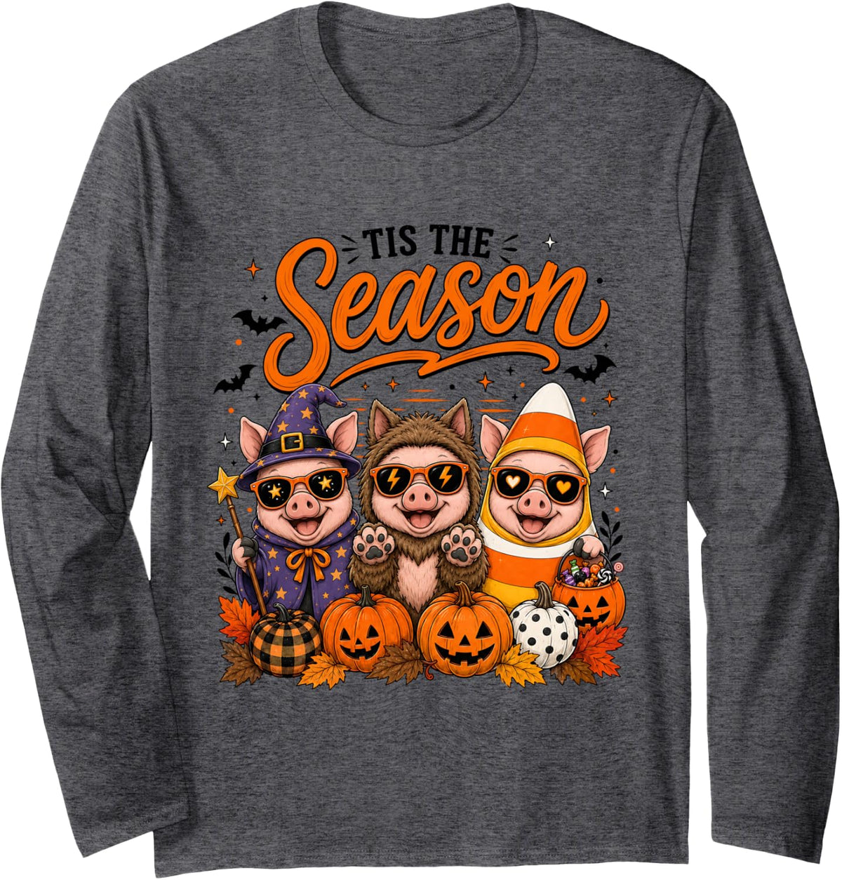 Tis The Season Halloween Pig Pumpkin Costume Long Sleeve T-Shirt - Adult Unisex Dark Heather Grey