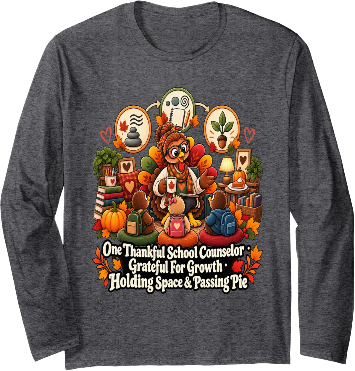 One Thankful School Counselor Thanksgiving Long Sleeve T-Shirt - Adult Unisex Dark Heather Grey