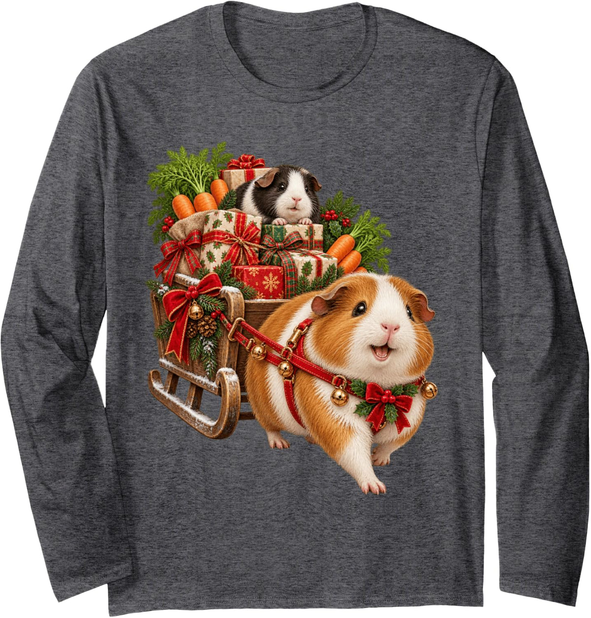 Cute Christmas Guinea Pigs Pulling Santa Gift Sleigh Long Sleeve T-Shirt - Adult Unisex Dark Heather Grey