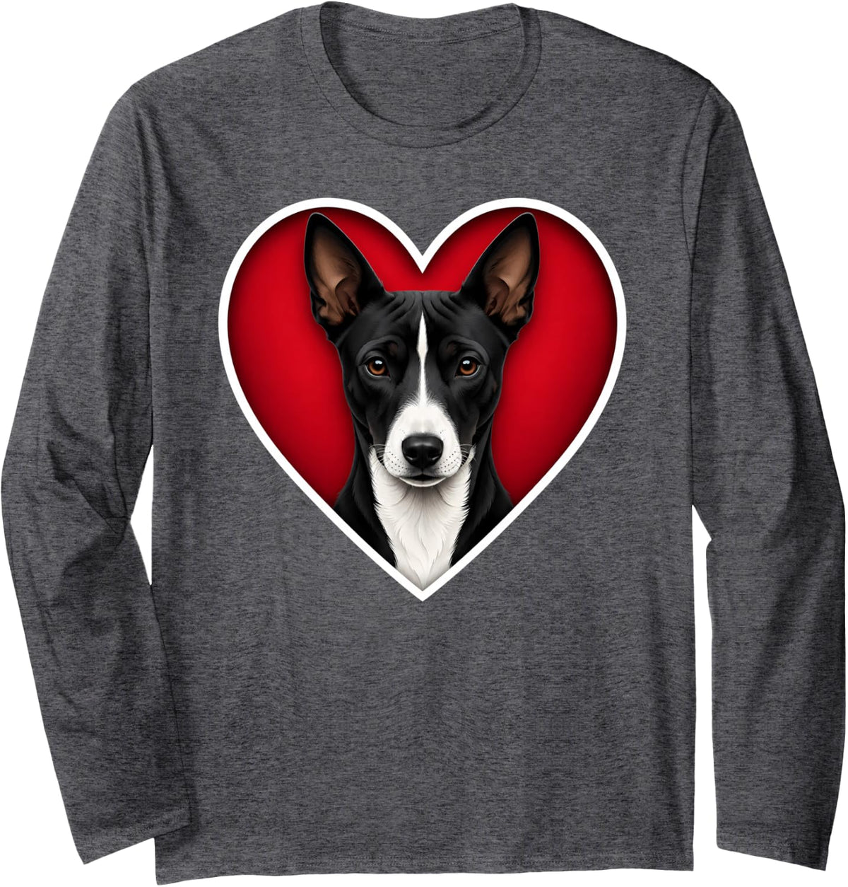 Black and White Basenji Heart Long Sleeve T-Shirt - Adult Unisex Dark Heather Grey