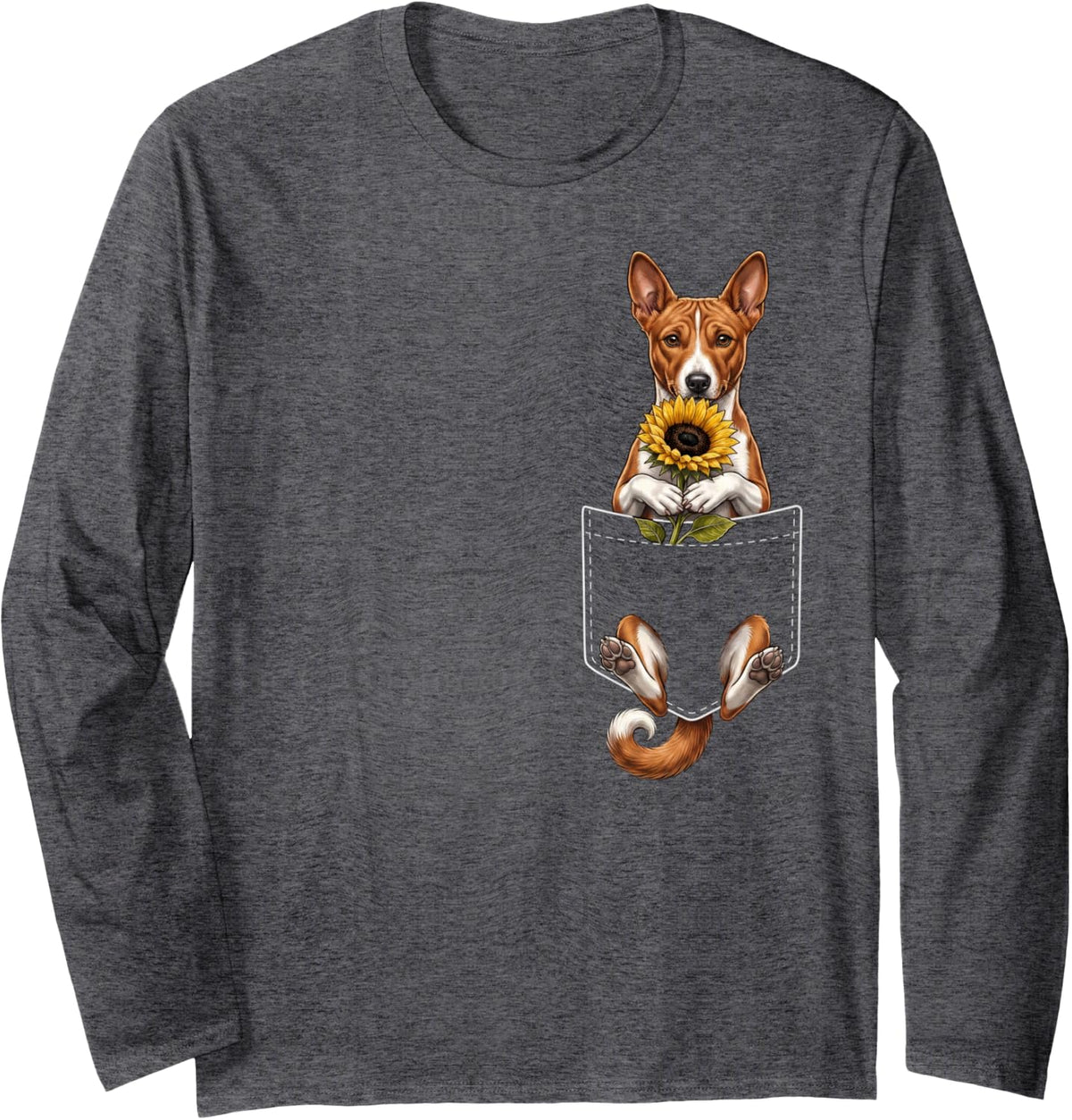 Basenji Sunflower Pocket Floral Dog Lover Long Sleeve T-Shirt - Adult Unisex Dark Heather Grey