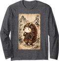 Cute Hedgehog Samurai Warrior Vintage Japanese Art Long Sleeve T-Shirt - Adult Unisex Dark Heather Grey