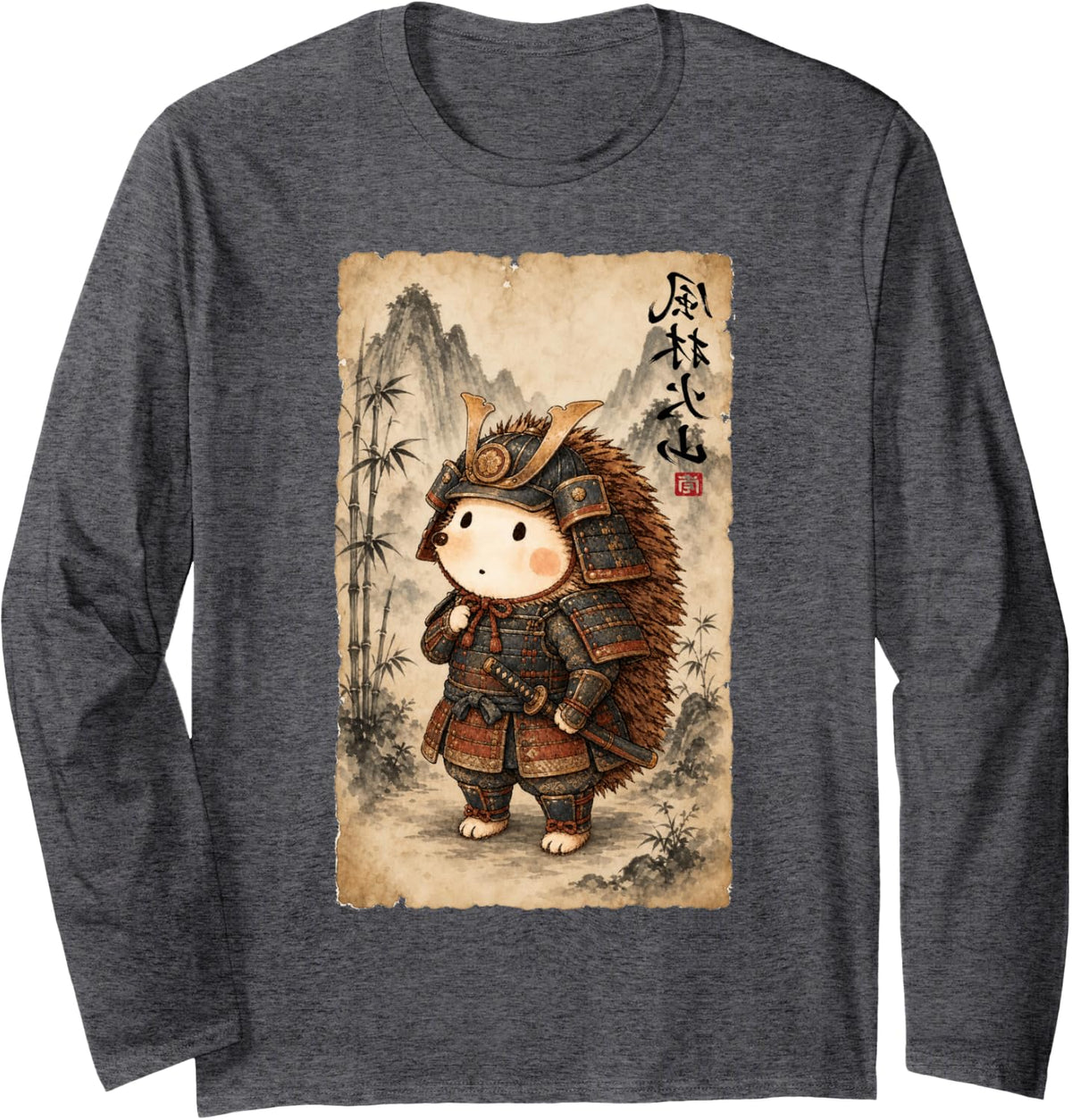 Cute Hedgehog Samurai Warrior Vintage Japanese Art Long Sleeve T-Shirt - Adult Unisex Dark Heather Grey