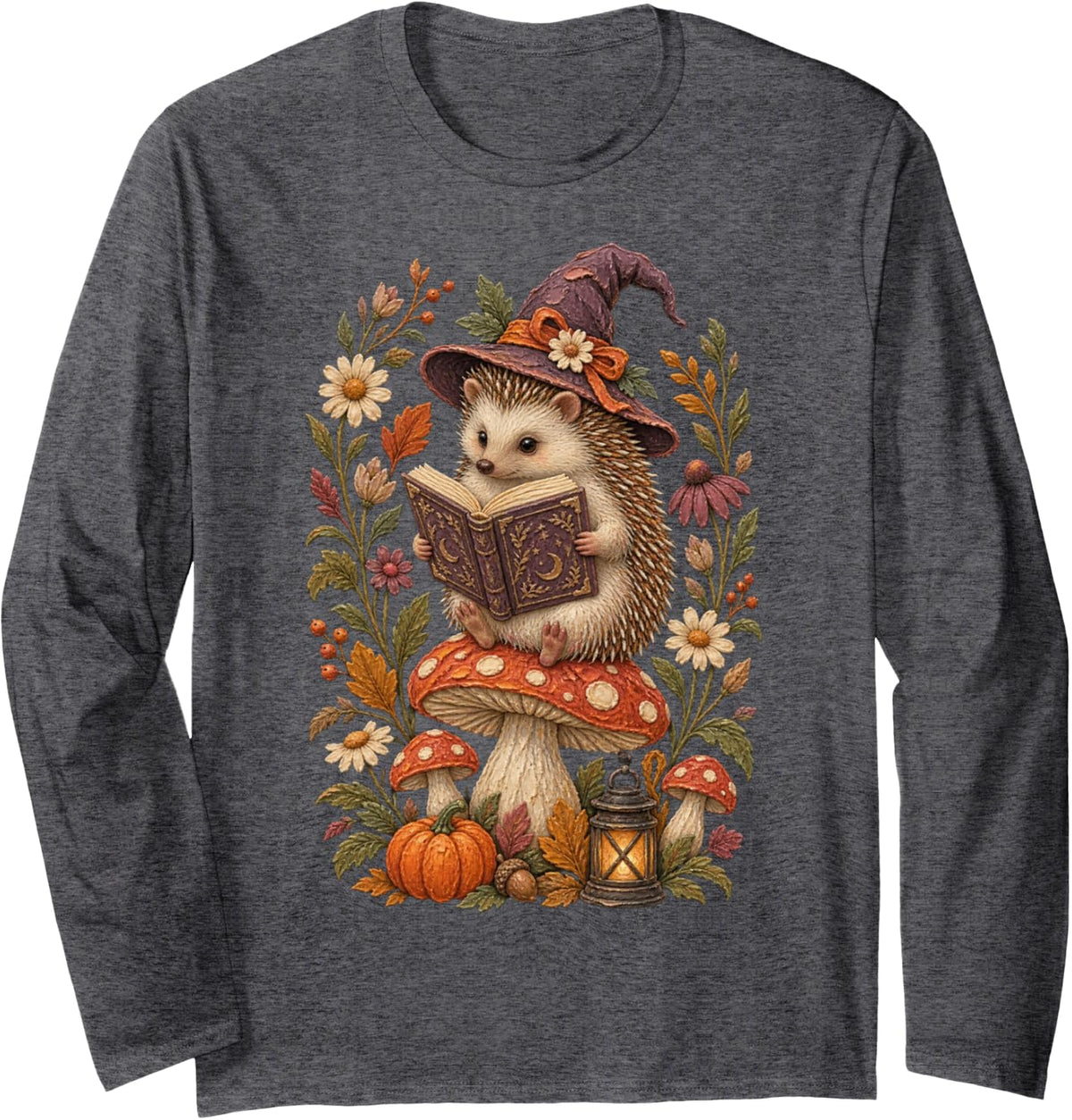 Chunky Paint Hedgehog Witch Reading Grimoire Mushroom Tee Long Sleeve T-Shirt - Adult Unisex Dark Heather Grey
