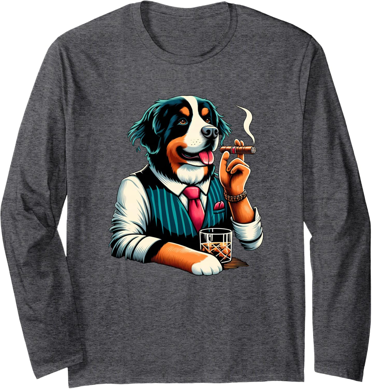 Bernese Mountain Dog Cigar and Whiskey Long Sleeve T-Shirt - Adult Unisex Dark Heather Grey