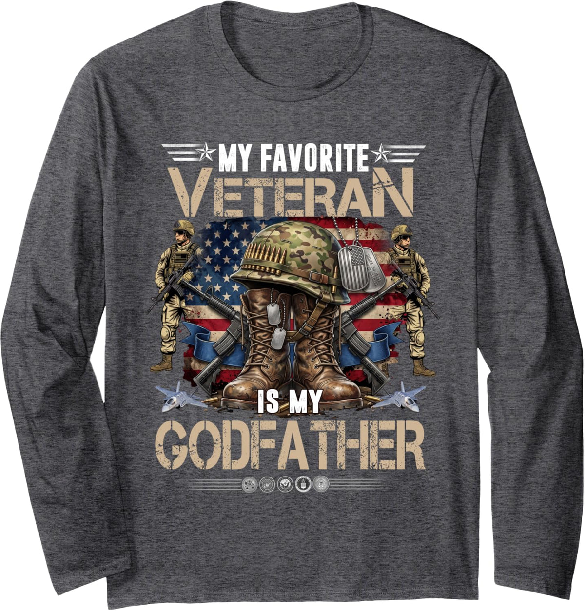 My Favorite Veteran is My Godfather Father's Day Veteran Day Long Sleeve T-Shirt - Adult Unisex Dark Heather Grey