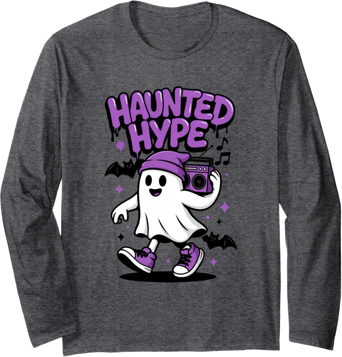 Haunted Vibes Cute Ghost Music Halloween Long Sleeve T-Shirt - Adult Unisex Dark Heather Grey