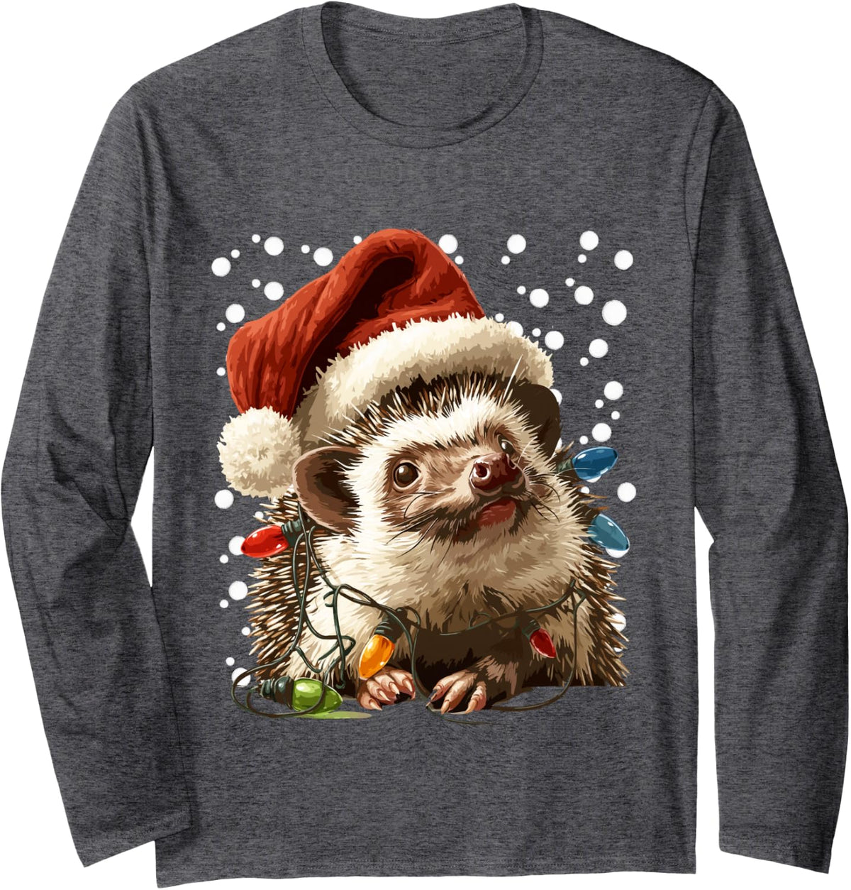 Christmas Hedgehog with Santa Hat Festive Lights Winter Xmas Long Sleeve T-Shirt - Adult Unisex Dark Heather Grey