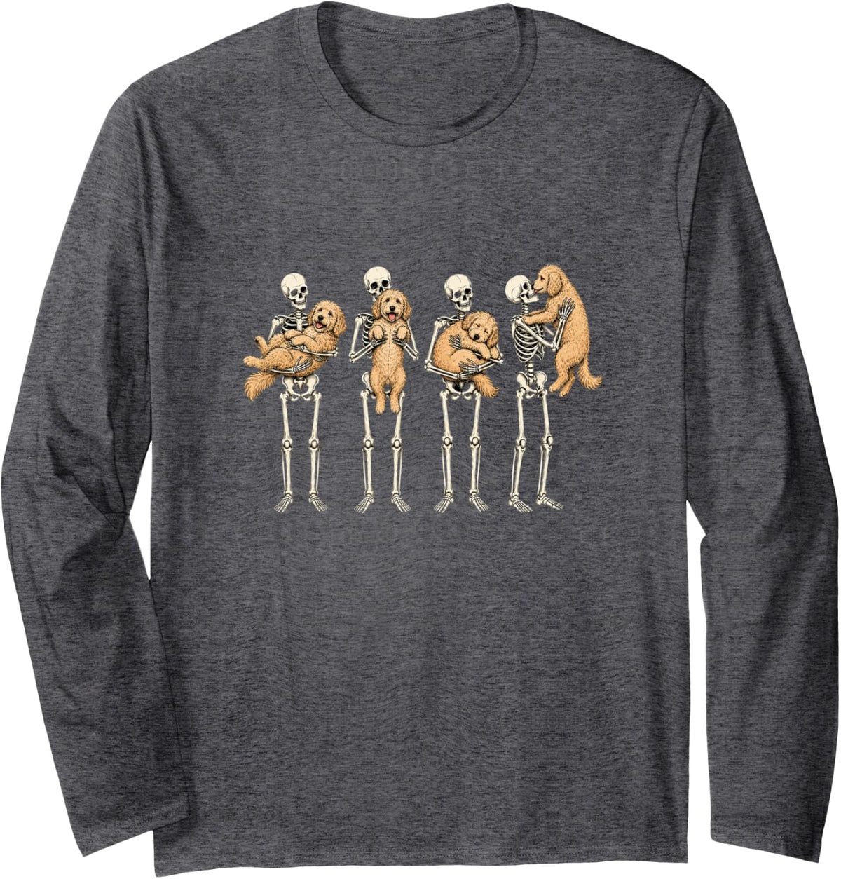 Halloween Goldendoodle Dog Lover Skeleton Spooky Season Long Sleeve T-Shirt - Adult Unisex Dark Heather Grey