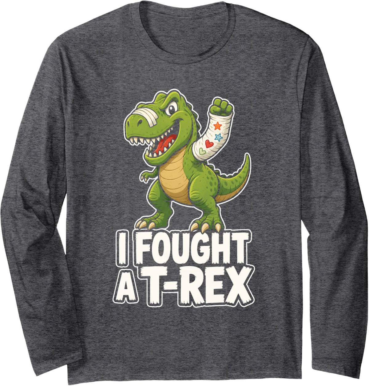 Broken Arm Dinosaur I Fought A T-Rex Get Well Cast Long Sleeve T-Shirt - Adult Unisex Dark Heather Grey