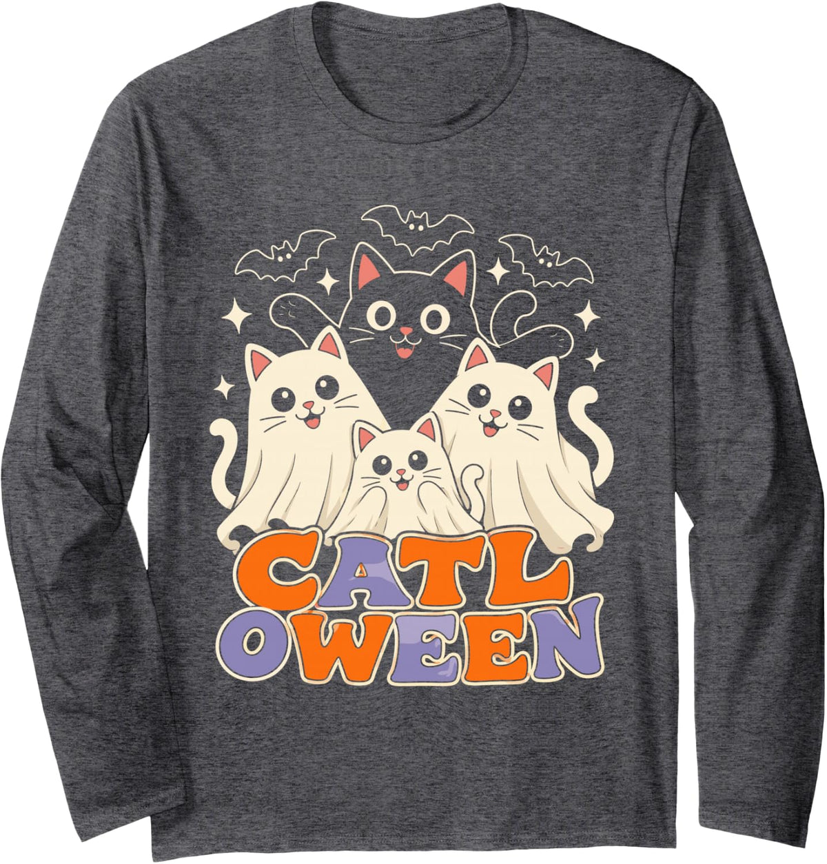 Cute Cat Ghost Family Catloween Halloween Cat Lovers Long Sleeve T-Shirt - Adult Unisex Dark Heather Grey
