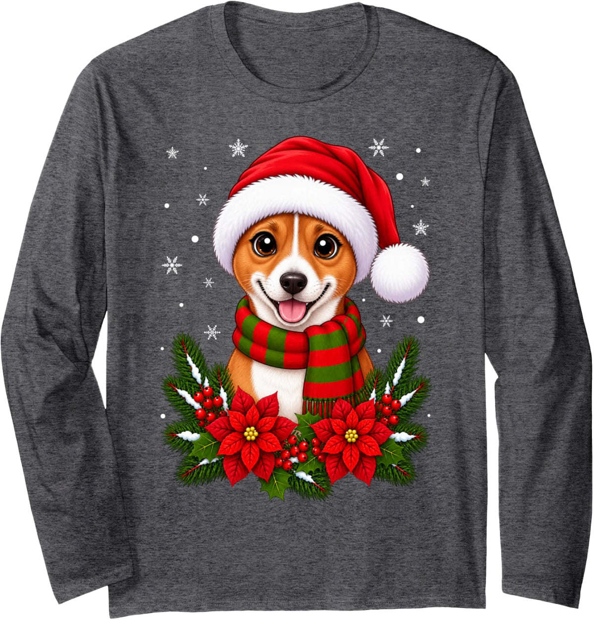 Cute Festive Flowers Santa Hat Basenji Dog Christmas Long Sleeve T-Shirt - Adult Unisex Dark Heather Grey