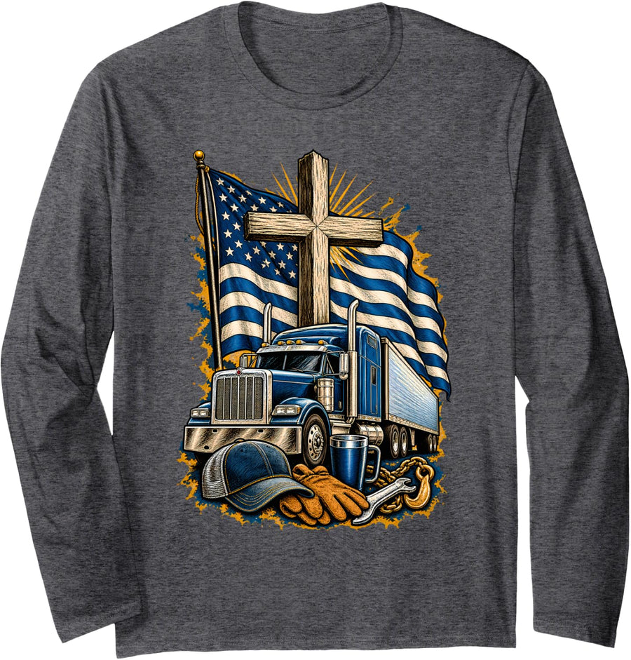 Owner Operator Trucker Semi Truck Rest Stop Long Sleeve T-Shirt - Adult Unisex Dark Heather Grey