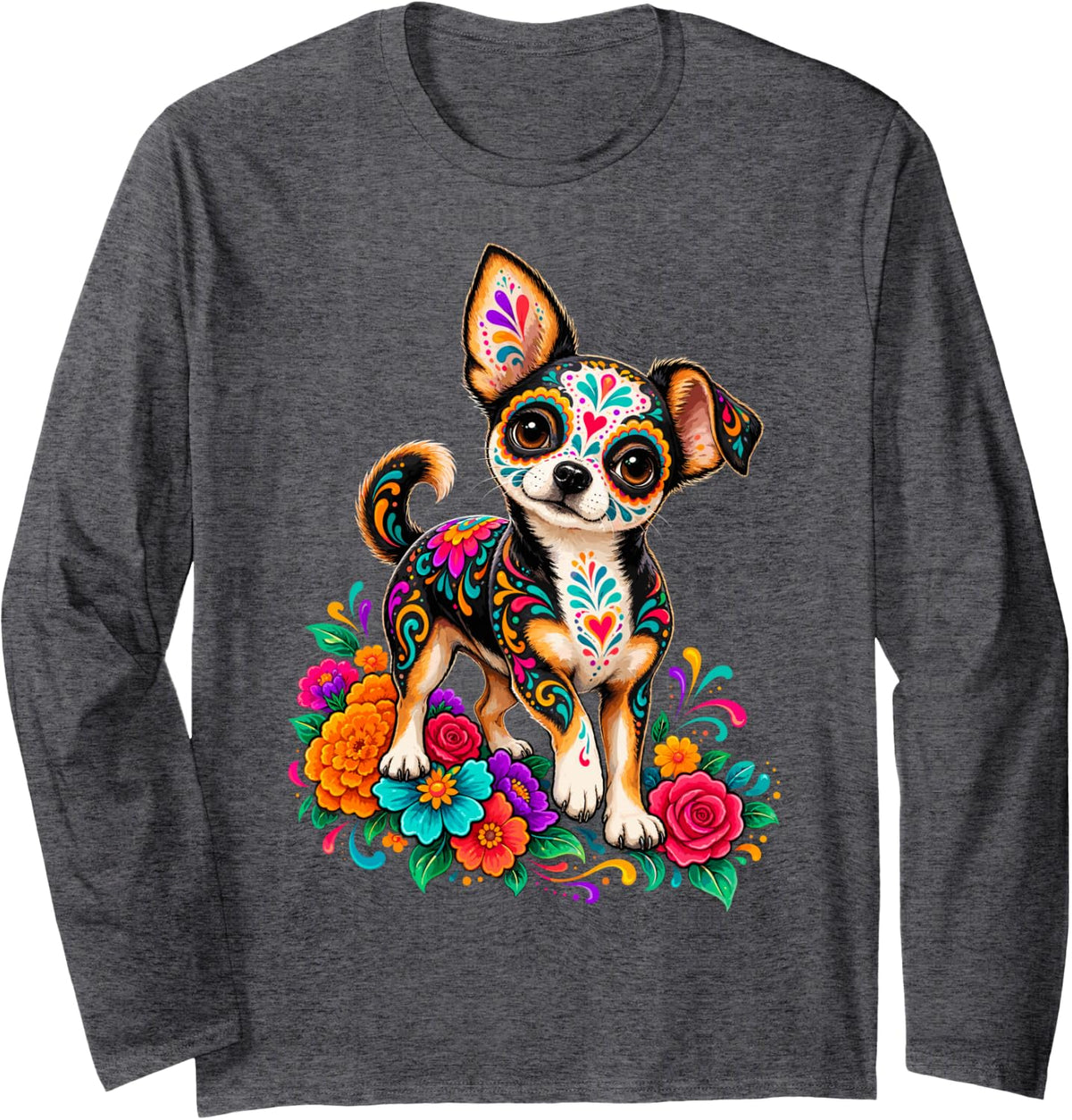 Sugar Skull Chihuahua Dog Art Long Sleeve T-Shirt - Adult Unisex Dark Heather Grey