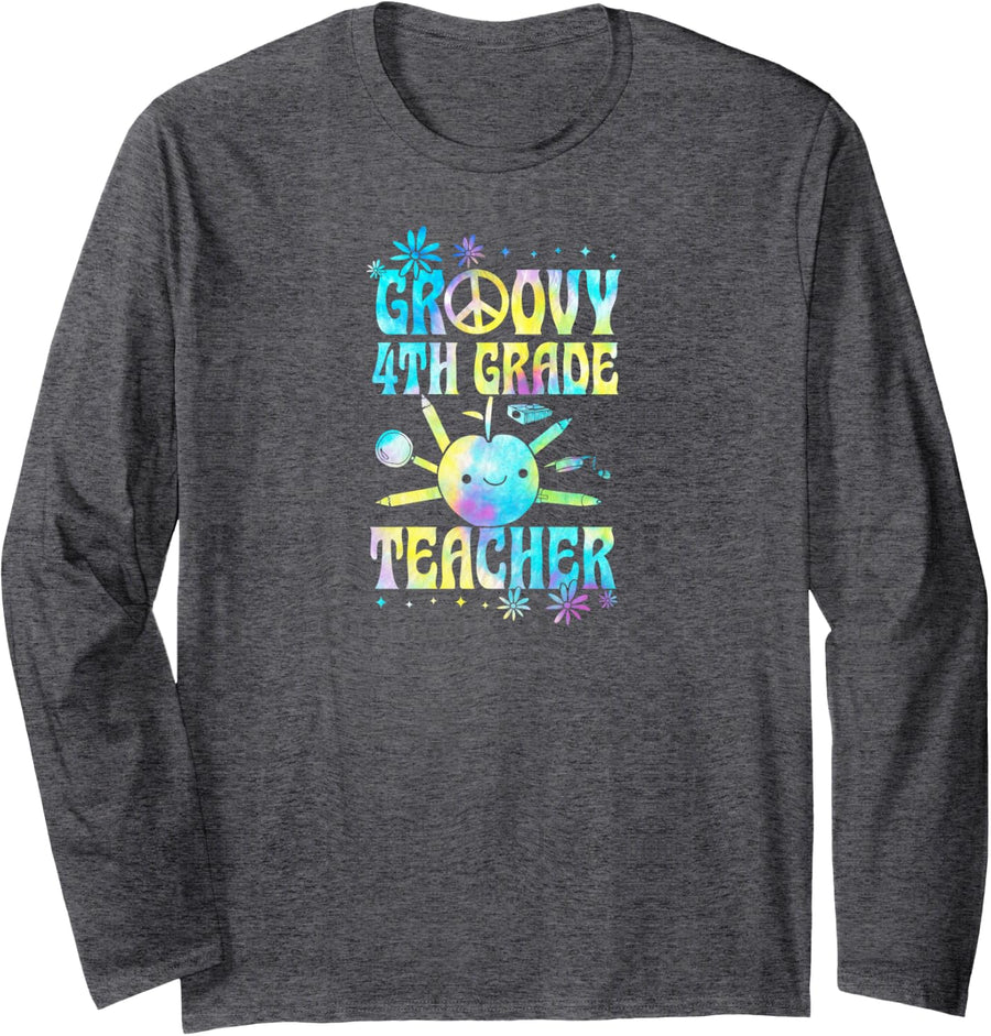 Groovy 4th Grade Teacher 60s Throwback Day Peace Flower Long Sleeve T-Shirt - Adult Unisex Dark Heather Grey