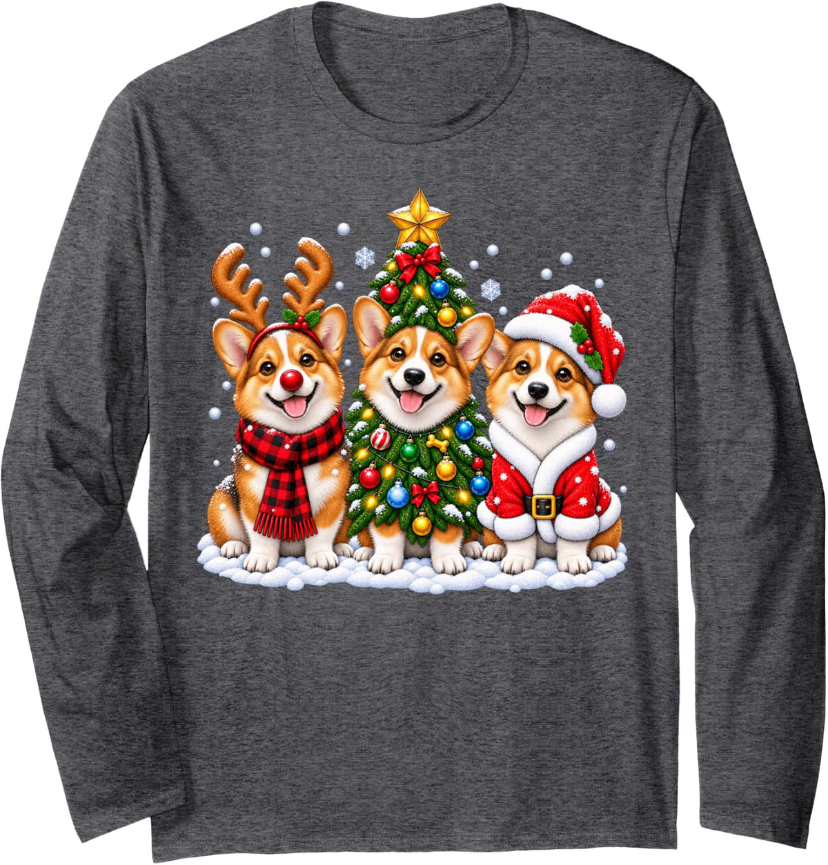 Pembroke Welsh Corgi Dog Merry Christmas Santa Hat Holidays Long Sleeve T-Shirt - Adult Unisex Dark Heather Grey