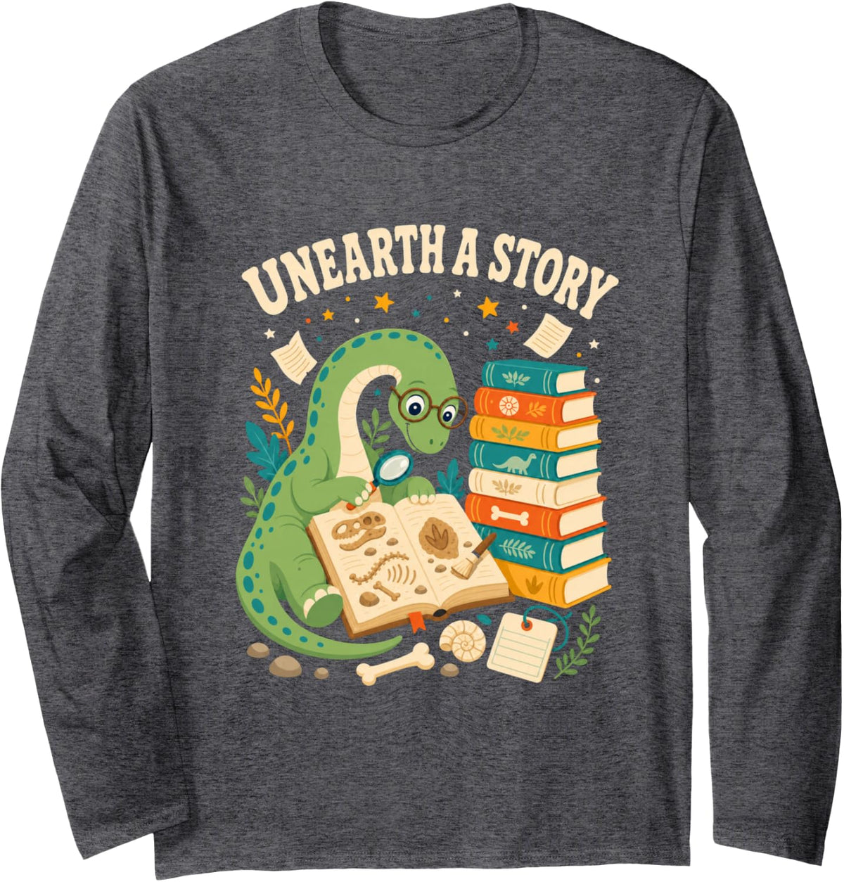 Summer Reading 2026 Dinosaur Brontosaurus Unearth A Story Long Sleeve T-Shirt - Adult Unisex Dark Heather Grey