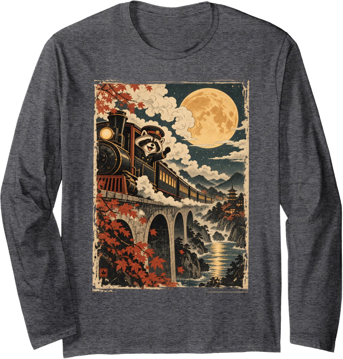 Raccoon Train Conductor Autumn Railway Japanese Art Raccoon Long Sleeve T-Shirt - Adult Unisex Dark Heather Grey