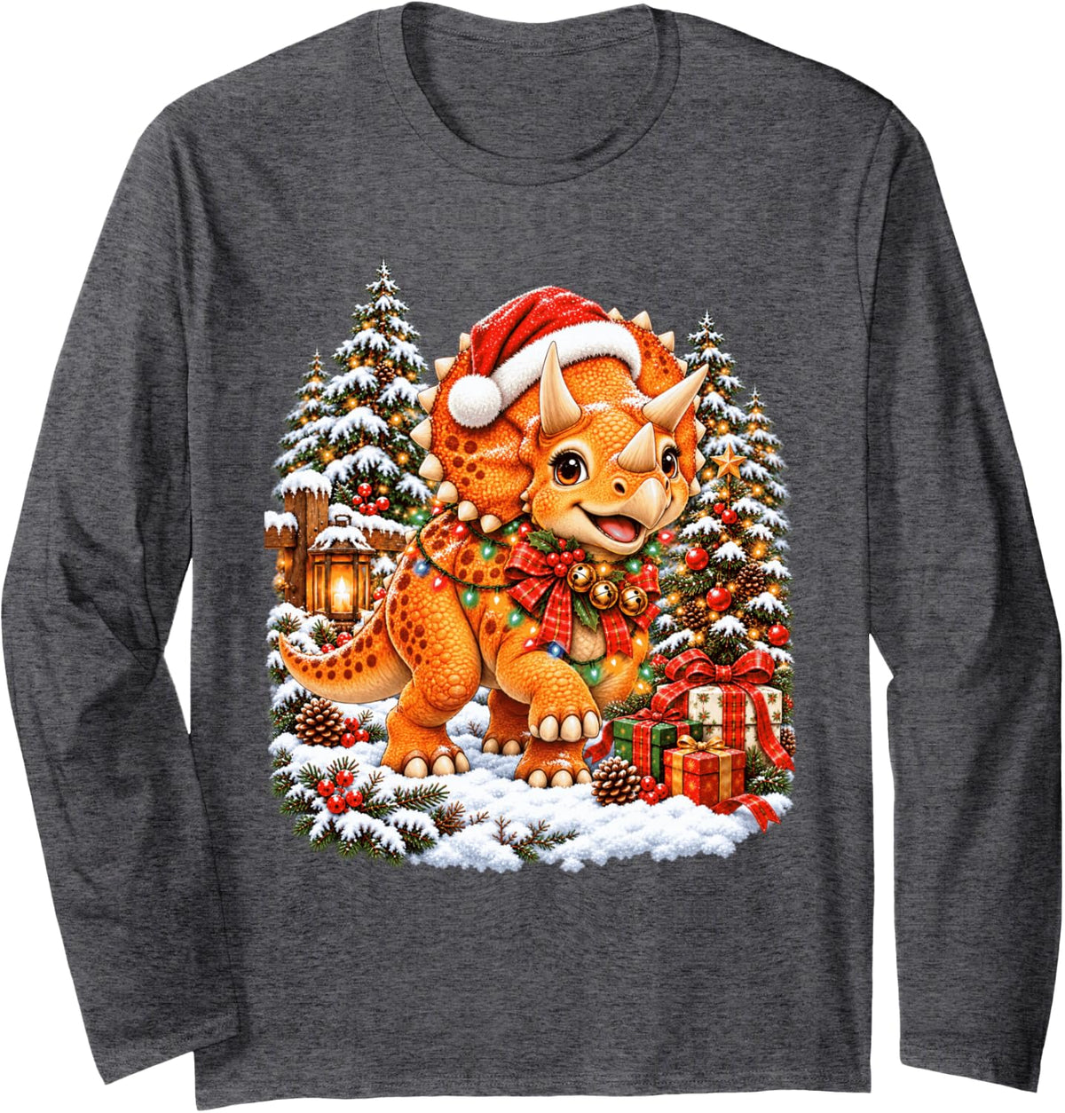 Playful Dinosaurs Holiday Santa Snow Scene Long Sleeve T-Shirt - Adult Unisex Dark Heather Grey