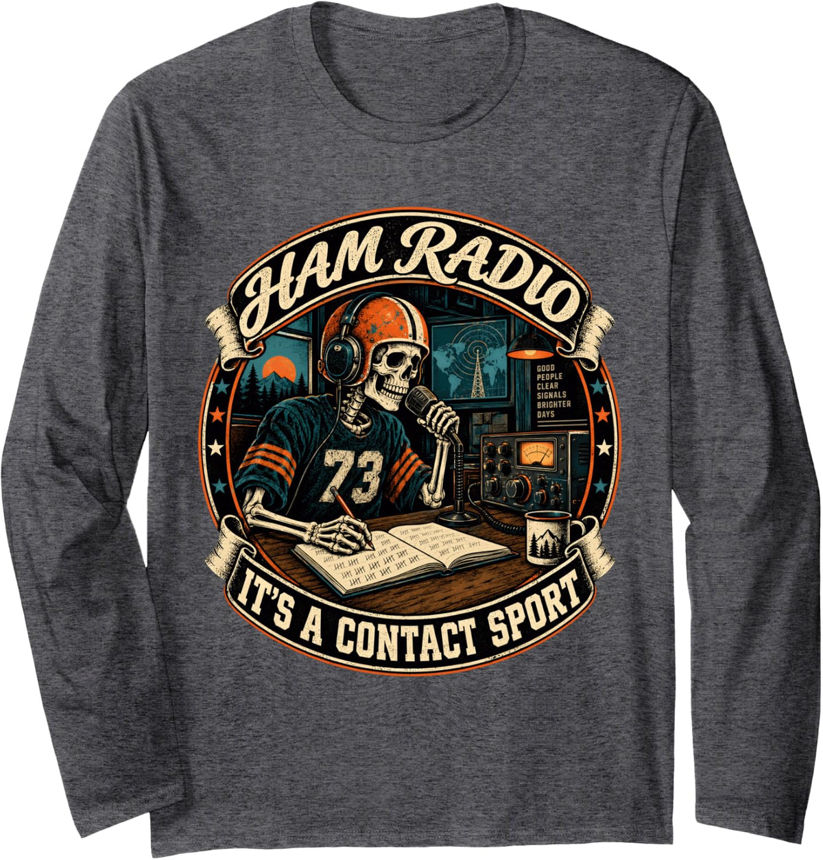Ham Radio Contact Sport Skeleton Operator Long Sleeve T-Shirt - Adult Unisex Dark Heather Grey