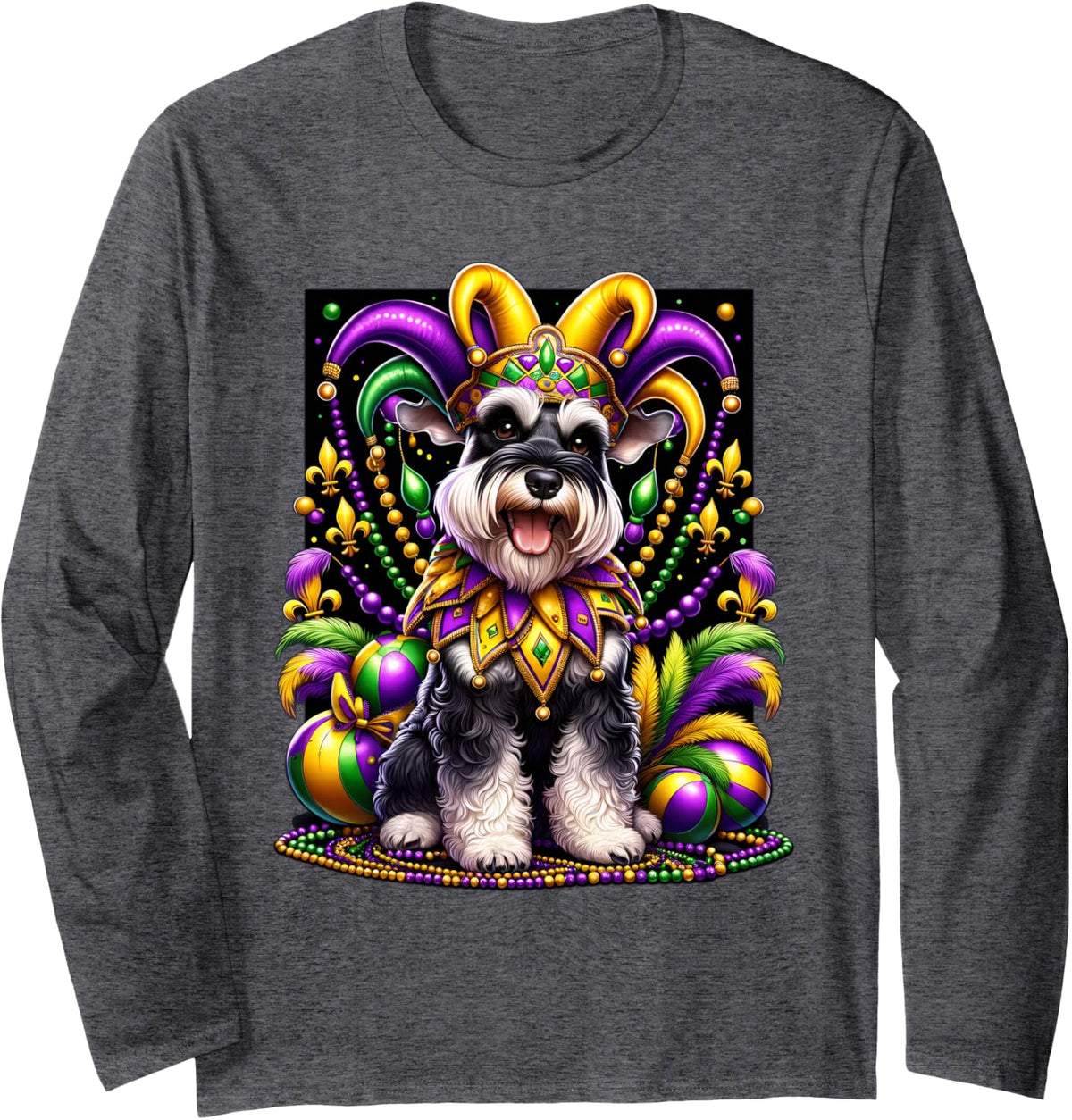 Mardi Gras Miniature Schnauzer Dog Long Sleeve T-Shirt - Adult Unisex Dark Heather Grey