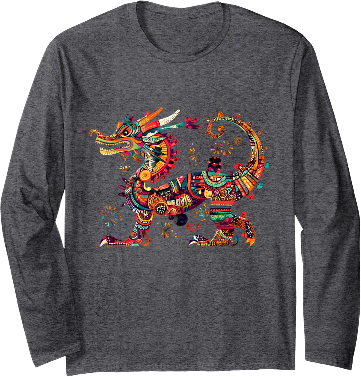 Aztec Mexican Mythology Feathered Serpent Artwork Dragon Long Sleeve T-Shirt - Adult Unisex Dark Heather Grey